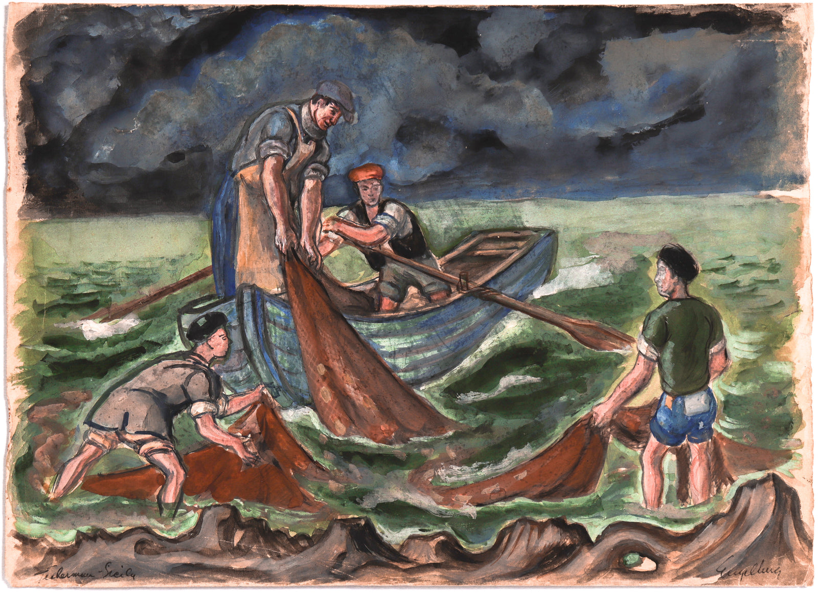 <I>Fishermen–Sicily</I> <br>1940's Gouache <br><br>#C8191