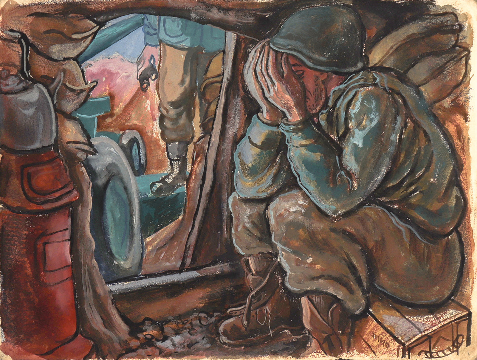 <I>In the Dugout</I> <br>1940's Gouache <br><br>#C8194