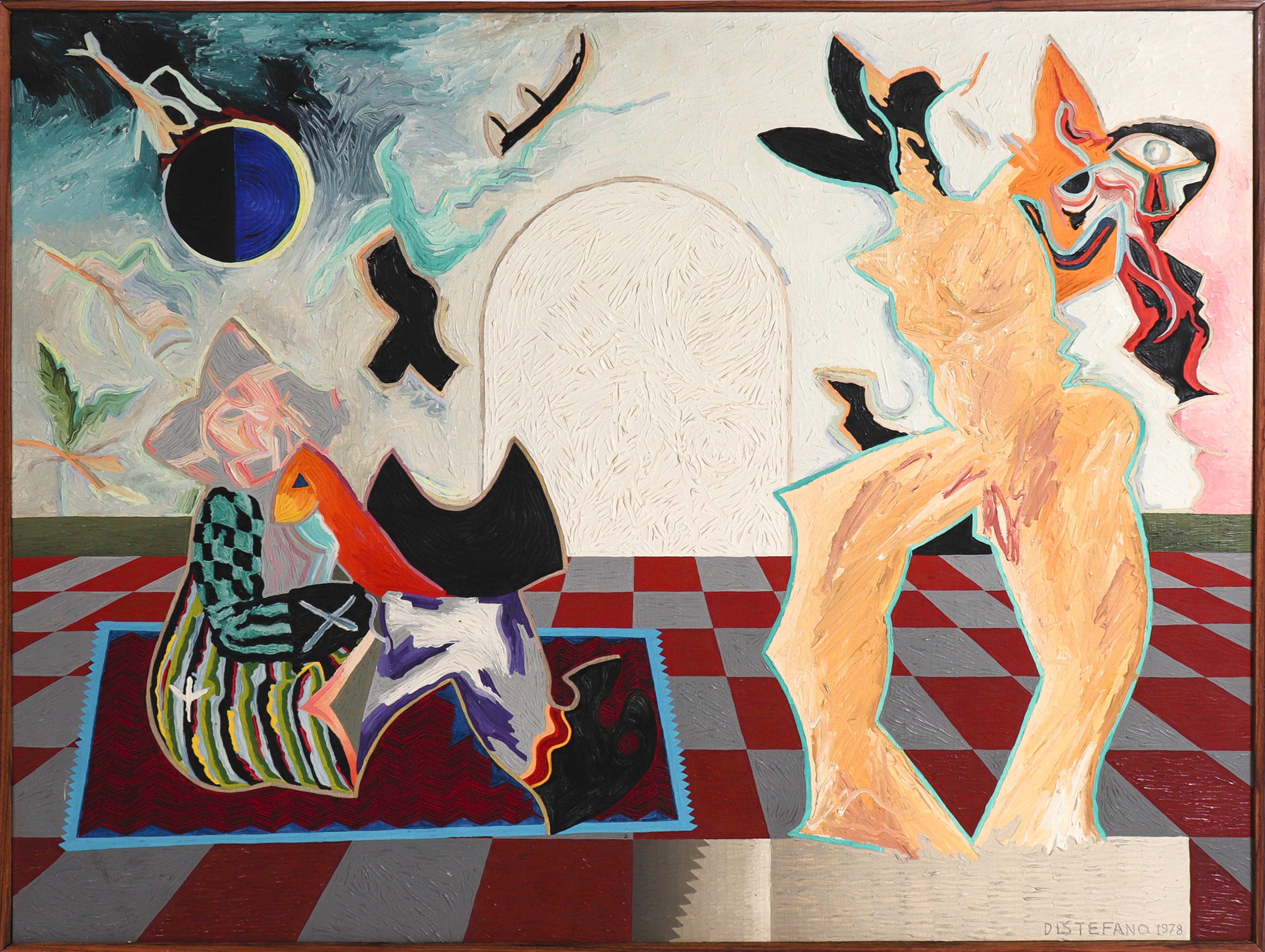 Surrealist Museum Scene <br>1978 Acrylic on Wood <br><br>#C8501