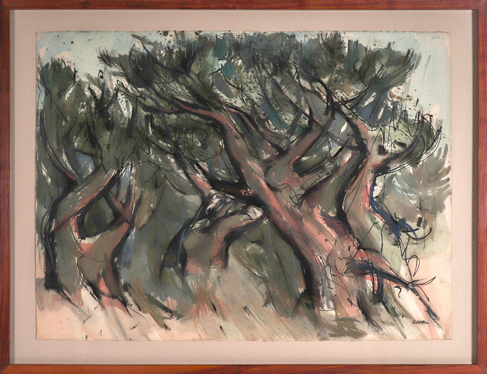 Windy Trees in Landscape <br>20th Century Mixed Media <br><br>#C8552