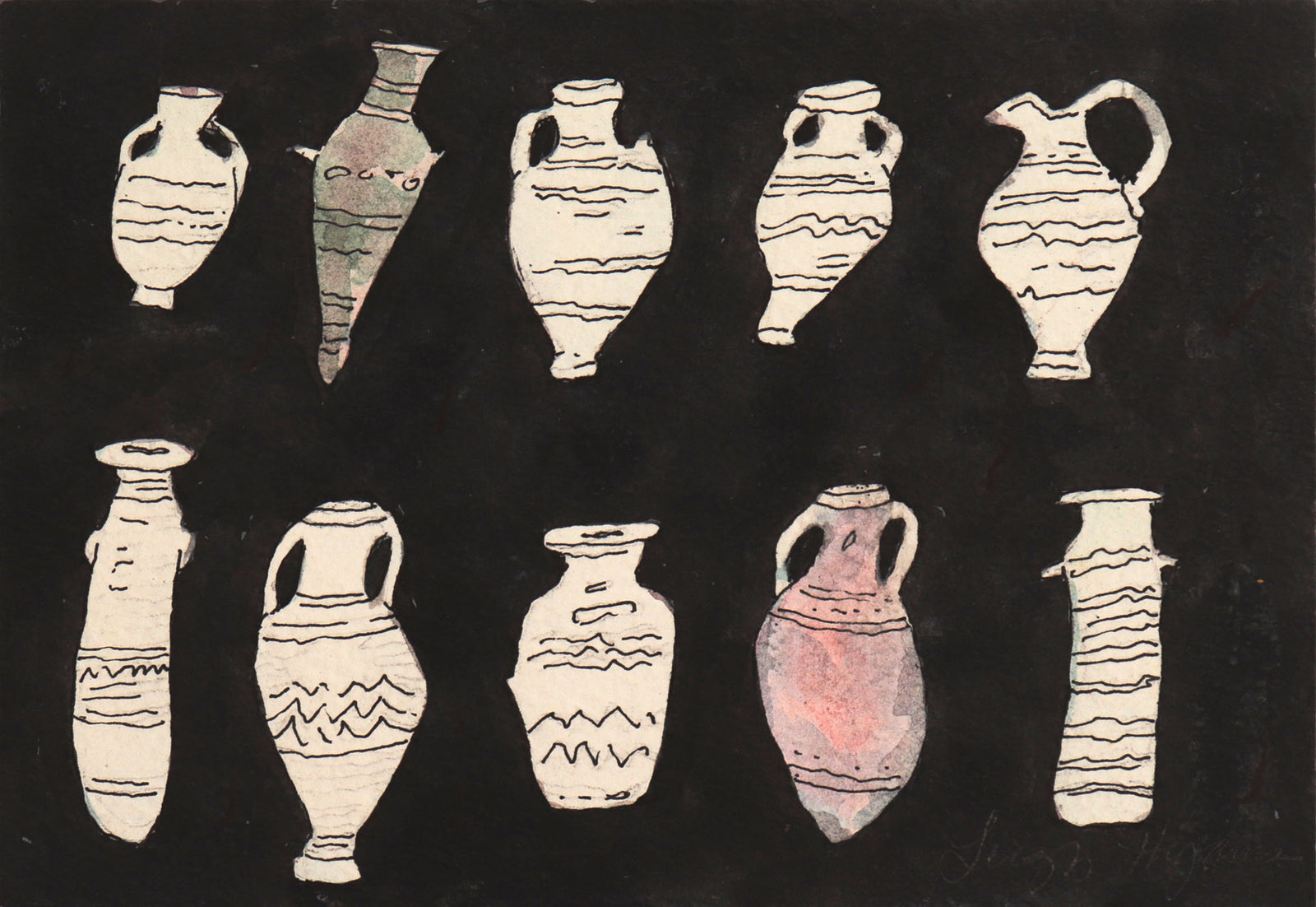 <i>10 Little Vases</i> <br>20th Century Ink & Watercolor <br><br>#C8591