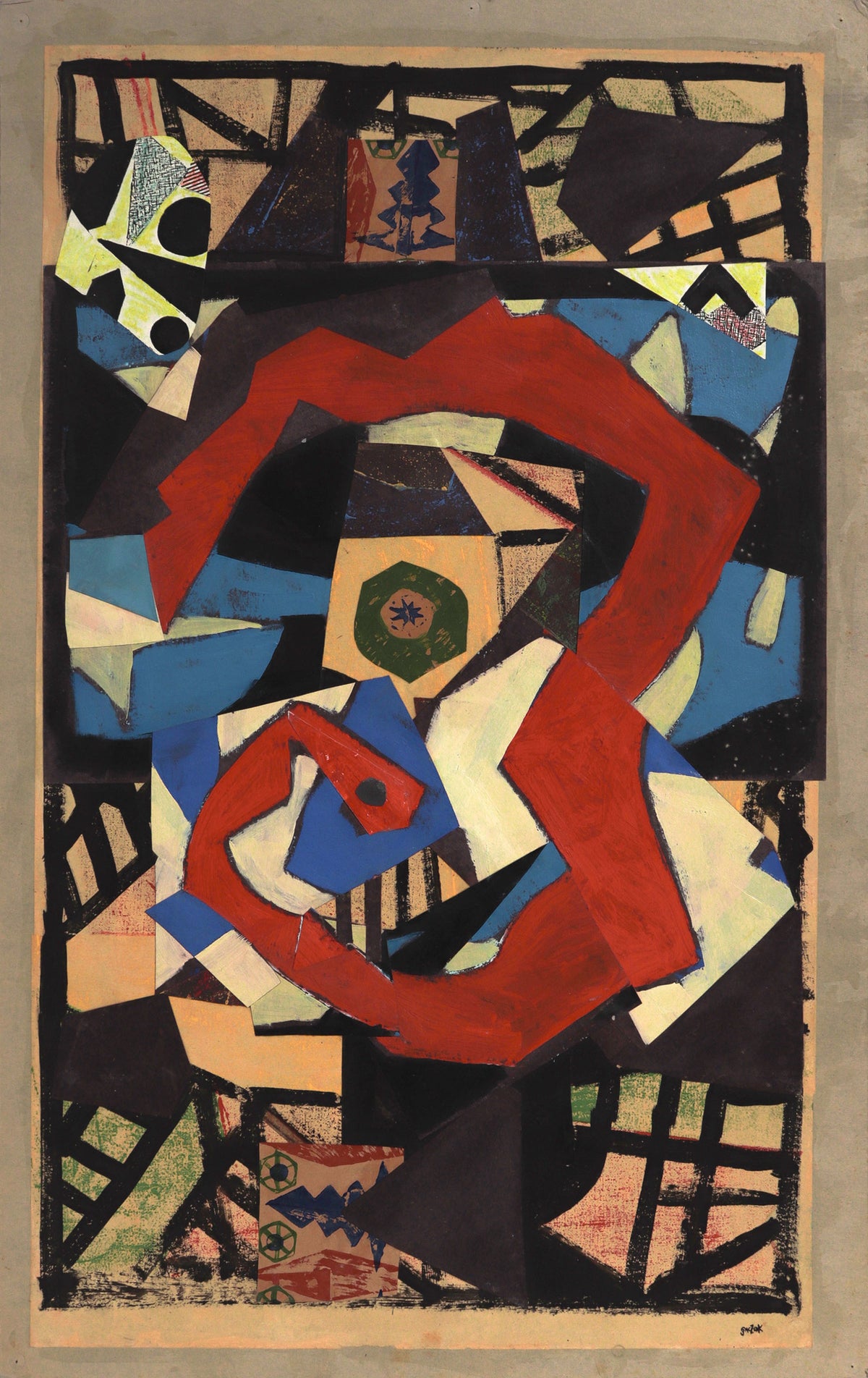 Abstracted Geometric Snake &lt;br&gt;1980s Mixed Media Collage &lt;br&gt;&lt;br&gt;#C8740