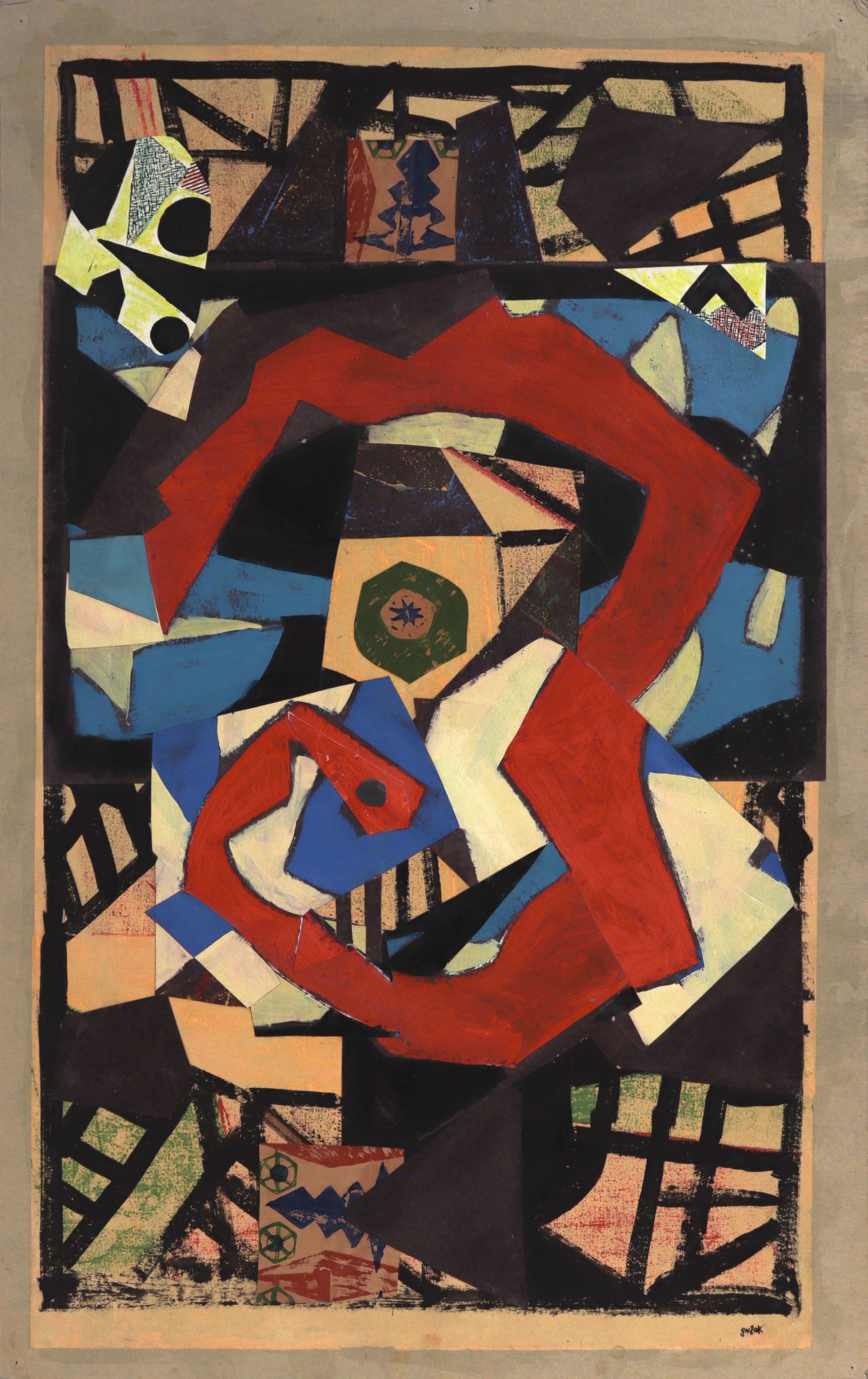 Abstracted Geometric Snake <br>1980s Mixed Media Collage <br><br>#C8740