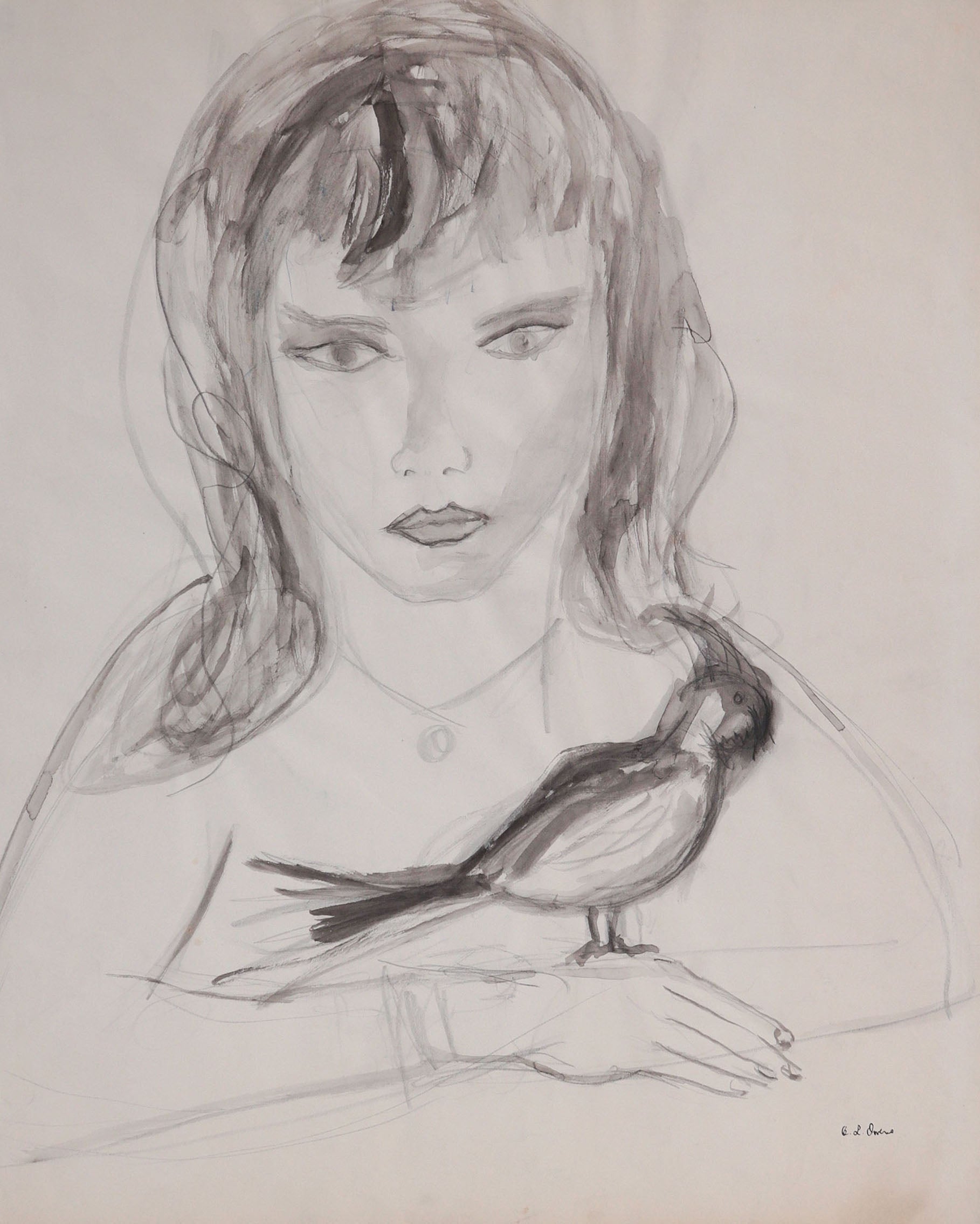 Self-Portrait with Bird <br>1942 Graphite <br><br>#C8820