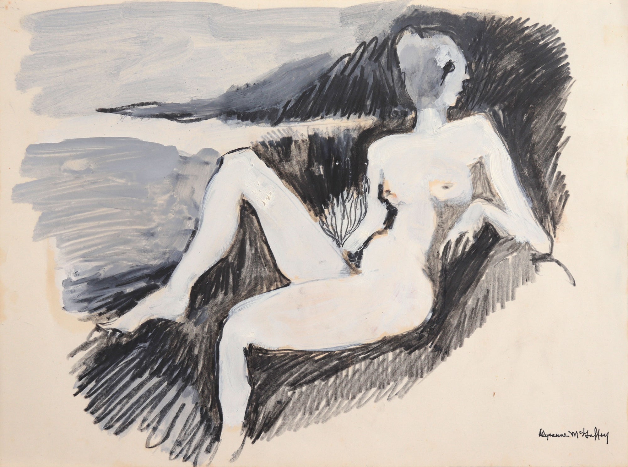 Monochrome Reclining Nude <br>20th Century Charcoal, Gouache & Oil <br><br>#C8962