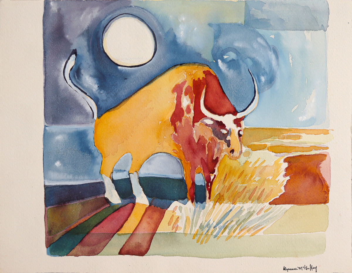 Bull &amp; Moon &lt;br&gt;20th Century Watercolor &lt;br&gt;&lt;br&gt;#C8975
