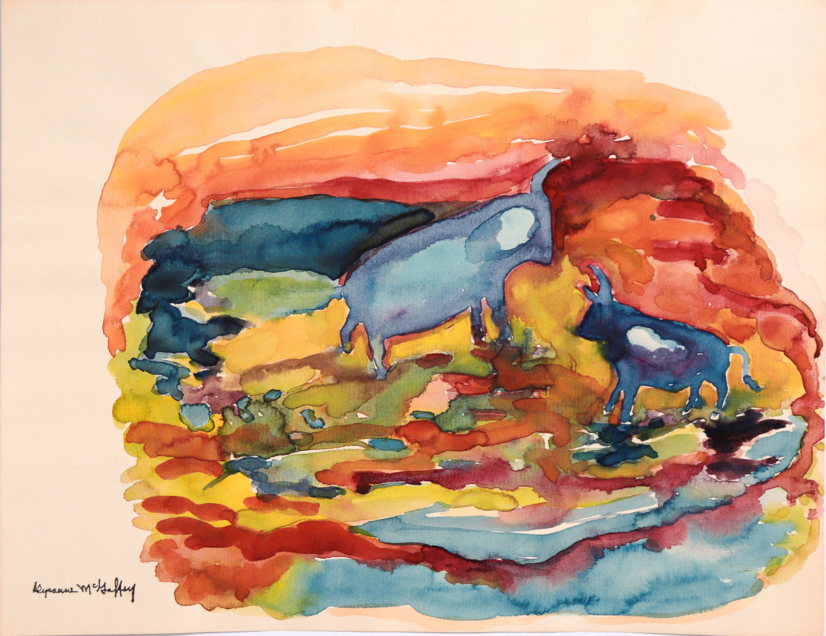 Two Bulls in Colorscape &lt;br&gt;20th Century Watercolor &lt;br&gt;&lt;br&gt;#C8979