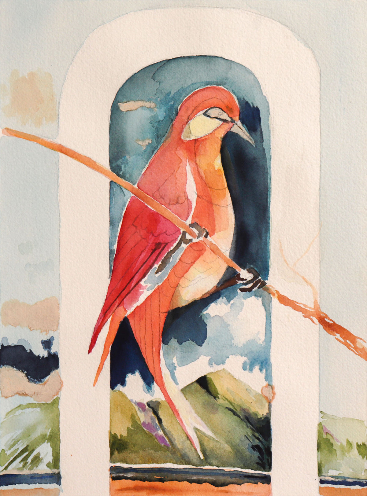 Firey Bird on a Branch &lt;br&gt;20th Century Watercolor &amp; Graphite &lt;br&gt;&lt;br&gt;#C8987
