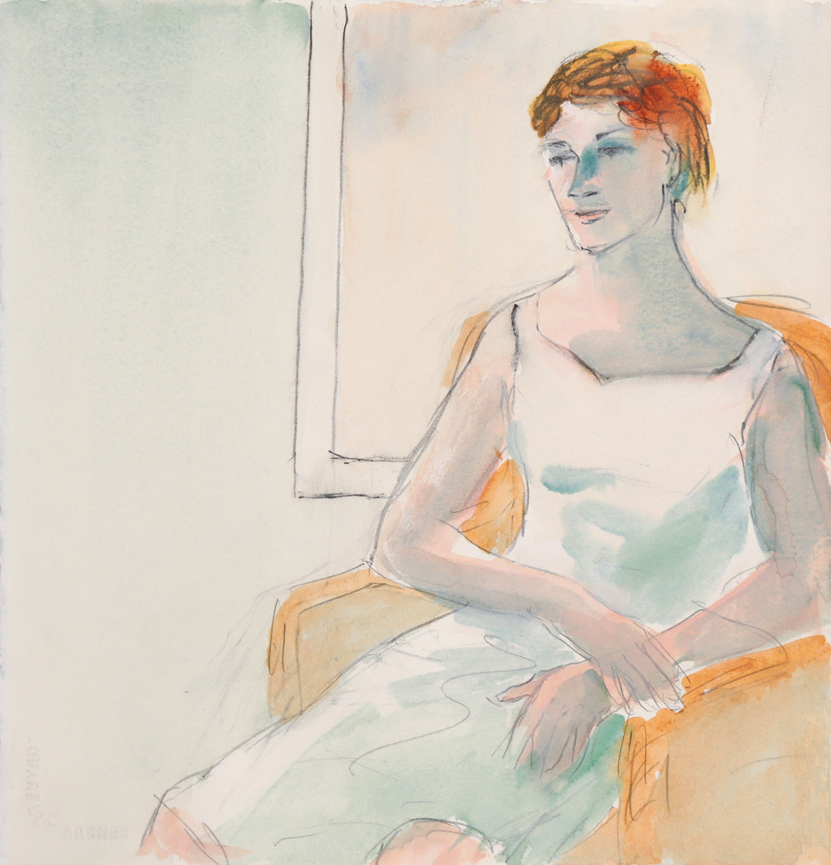 Seated Woman Bathed in Light &lt;br&gt;20th Century Watercolor &amp; Pastel &lt;br&gt;&lt;br&gt;#C8997