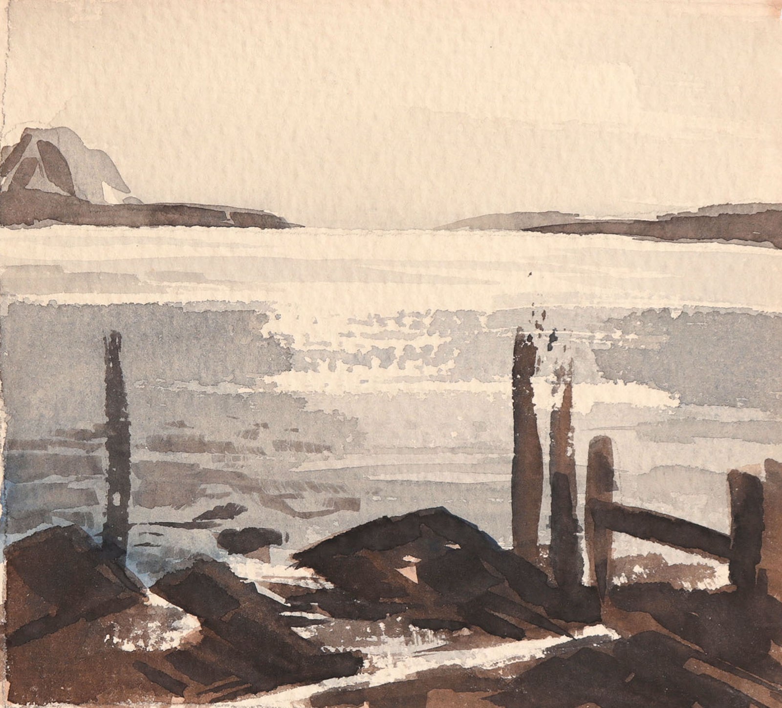 Abstracted Bay and Coastline <br>Mid Century Watercolor & Graphite <br><br>#C9024