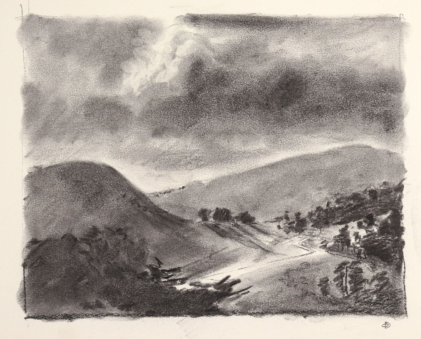 Monochrome Mountain Landscape <br>Mid Century Charcoal <br><br>#C9026