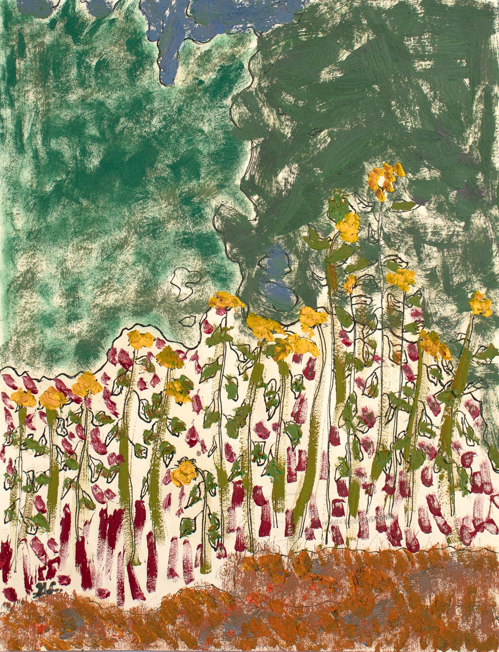 <i>The Sunflower Forest</i> <br>2025 Oil & Ink on Paper <br><br>#C9061