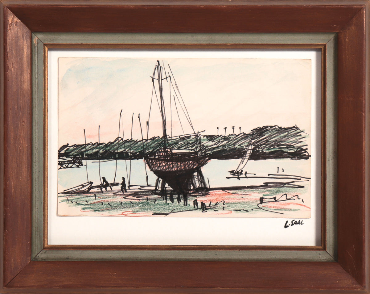 Boat by the Coast <br>20th Century Colored Pencil, Ink &amp; Watercolor <br><br>#C9074