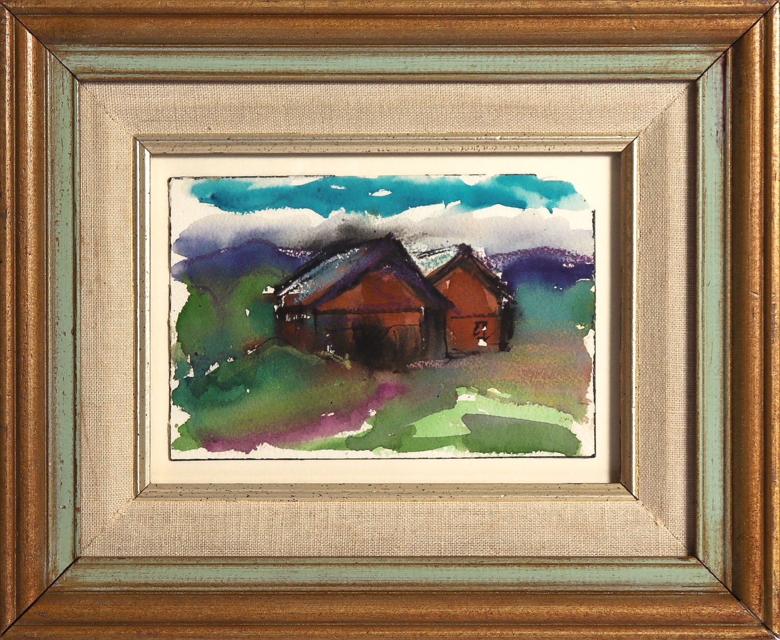 Red Barn in a Landscape <br>20th Century Watercolor <br><br>#C9075