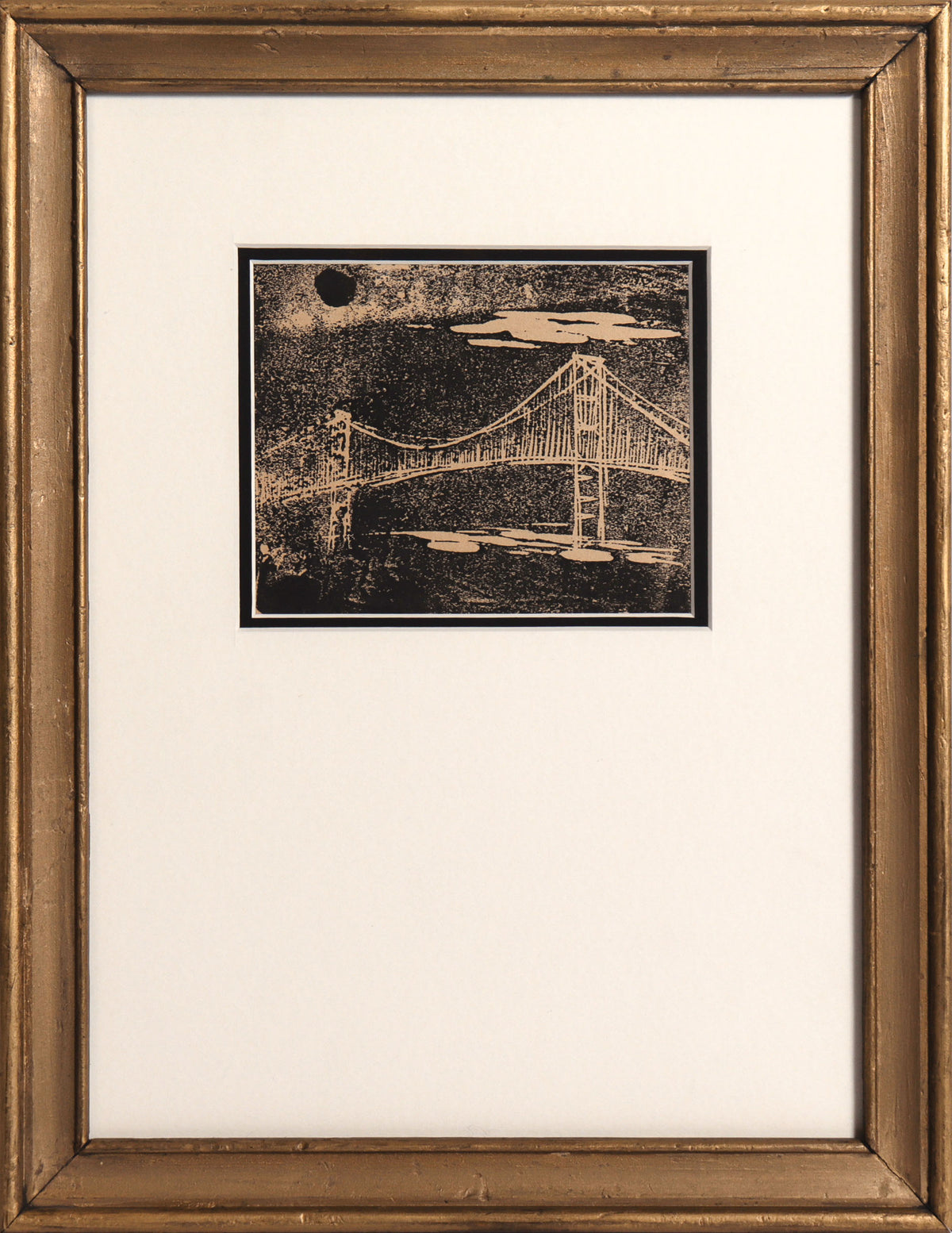 Golden Gate Bridge in Monochrome <br>20th Century Linoleum Block Print <br><br>#C9077