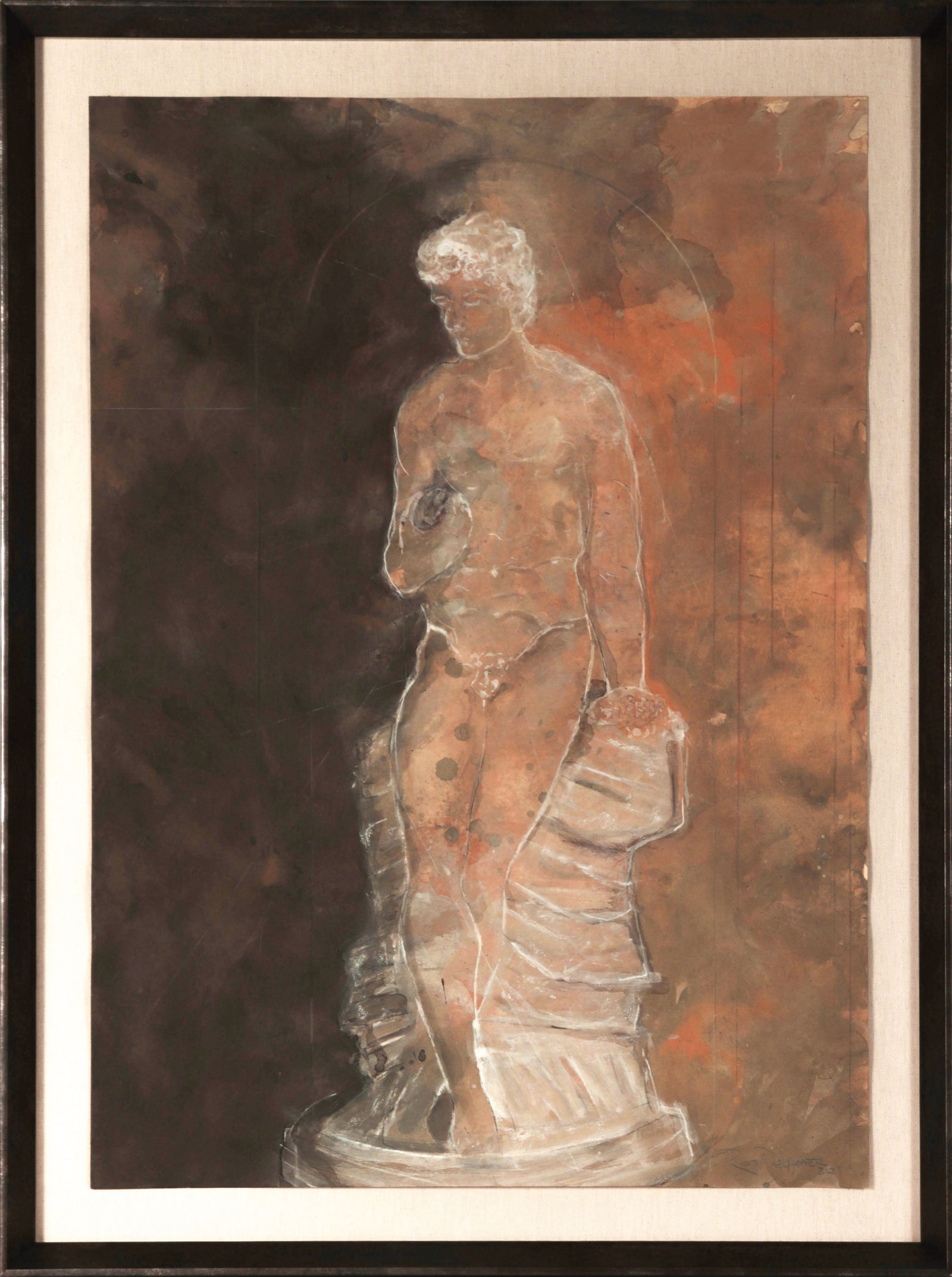 Framed artwork of a classical statue against a textured brown background