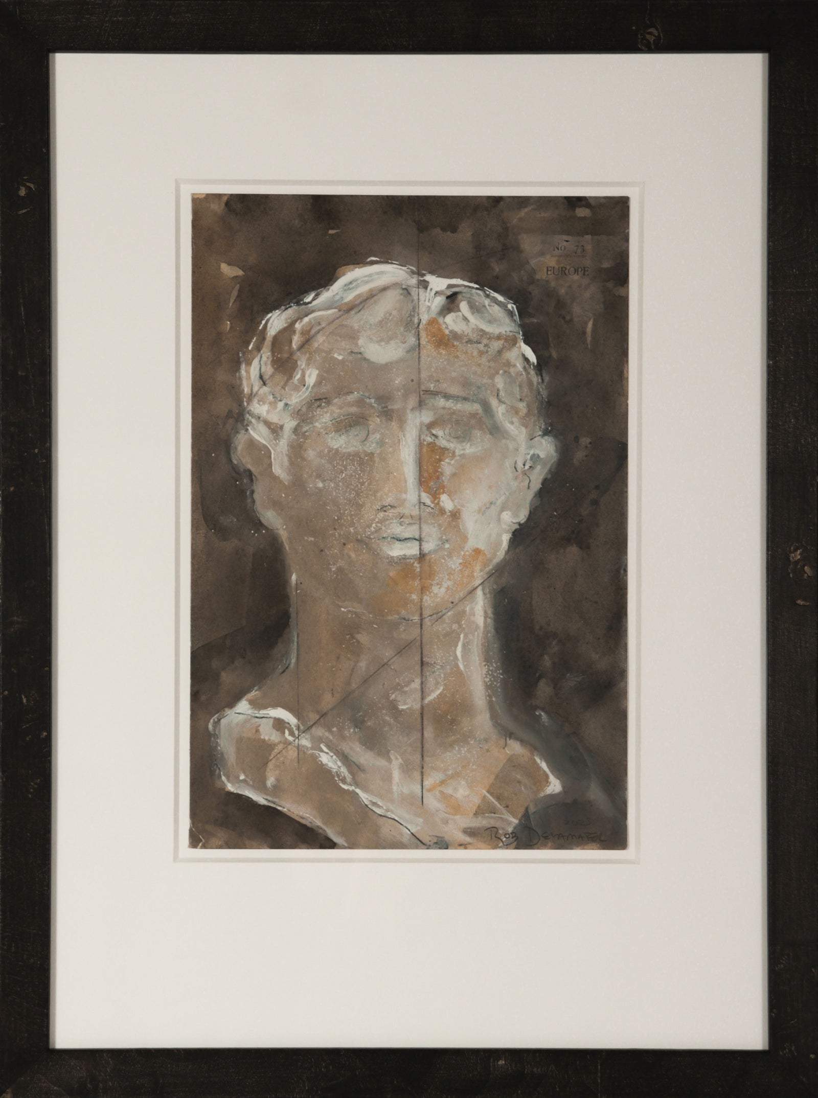 <i>Greco-Roman Bust II</i> <br>2025 Gouache & Mixed Media on Antique Paper <br><br>#C9168