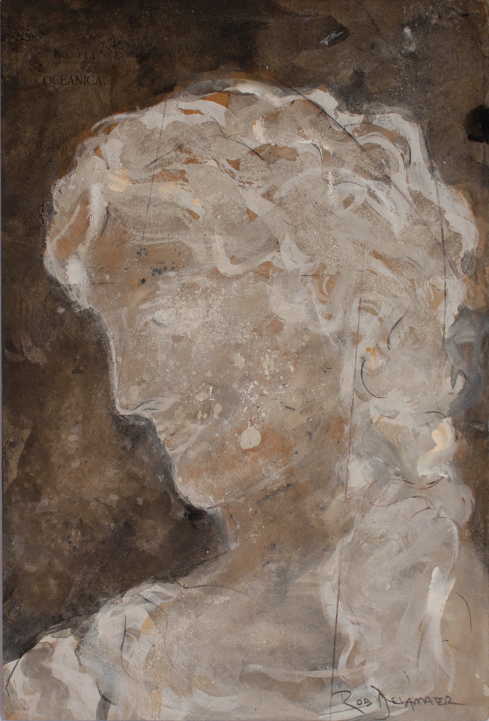 <i>Greco-Roman Bust I</i> <br>2025 Gouache & Mixed Media on Antique Paper <br><br>#C9169