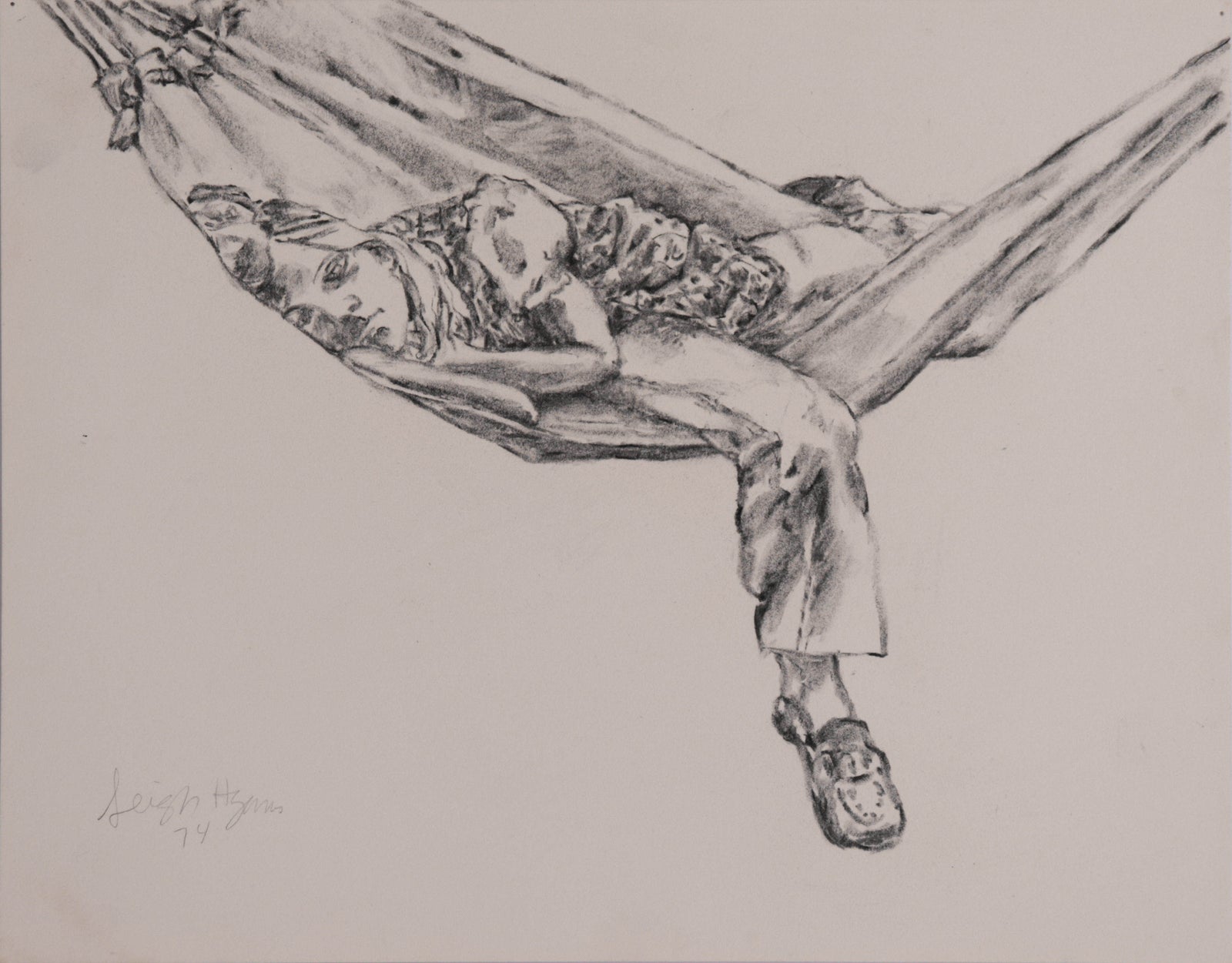 Portrait of a Girl in Hammock <br>1974 Charcoal <br><br>#C9180