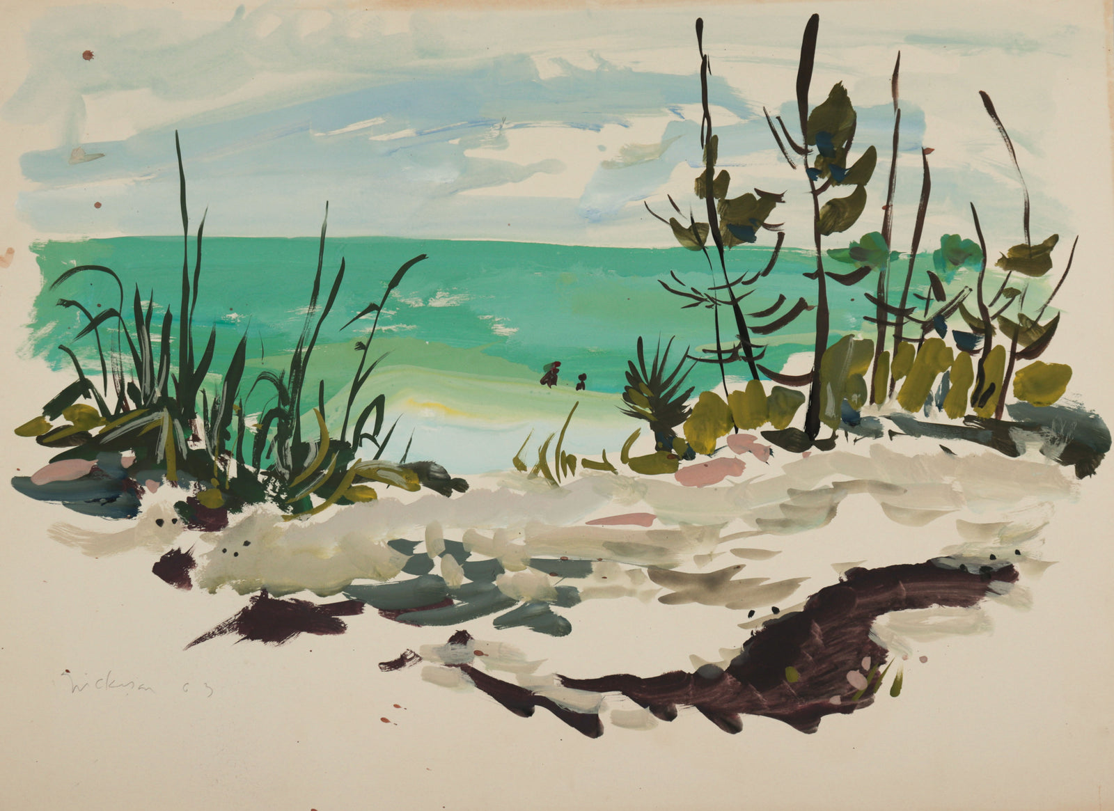 Calming Beach Scene<br>1963 Watercolor & Acrylic <br><br>#C9324