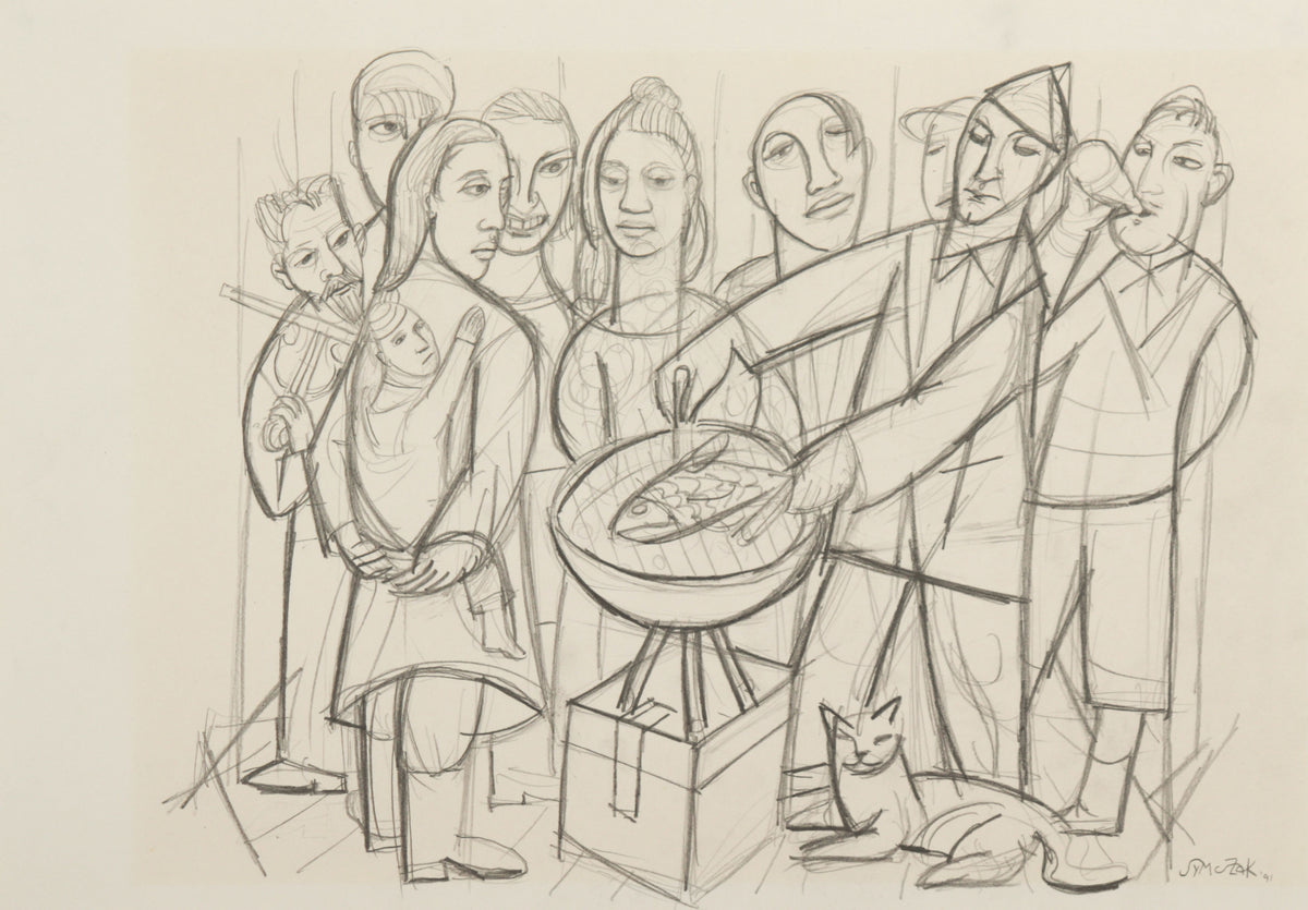 Crowded Scene with Cat <br>1991 Graphite <br><br>#C9347