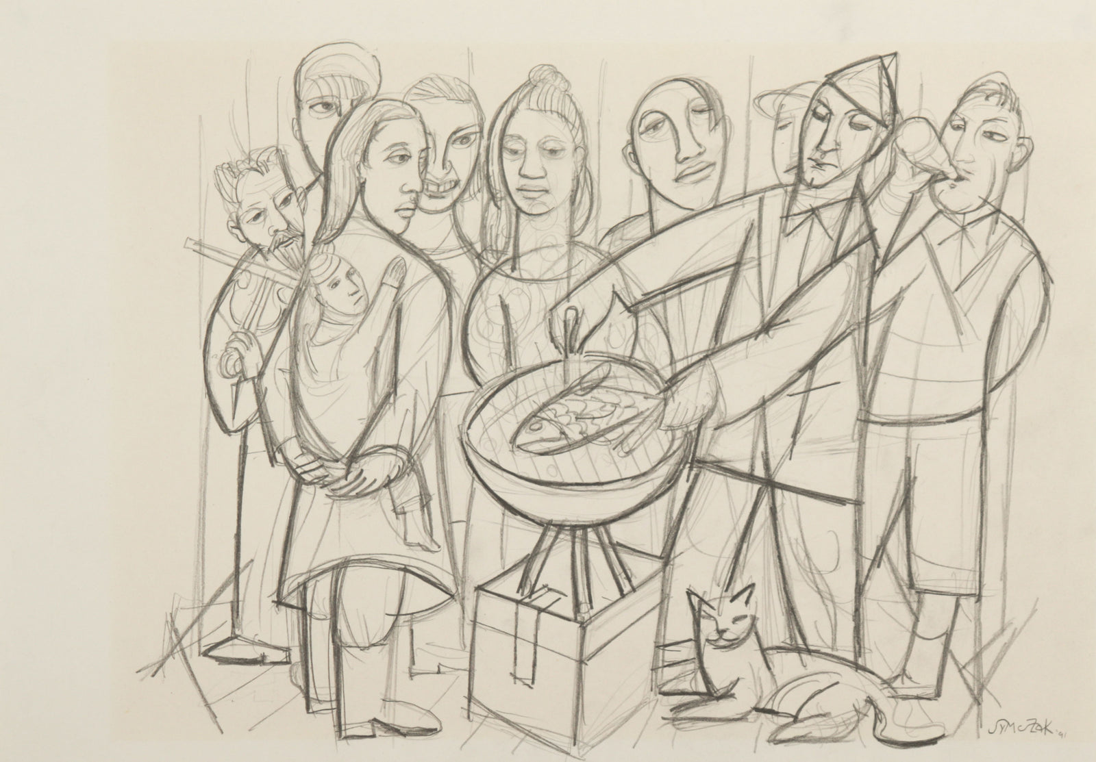 Crowded Scene with Cat <br>1991 Graphite <br><br>#C9347