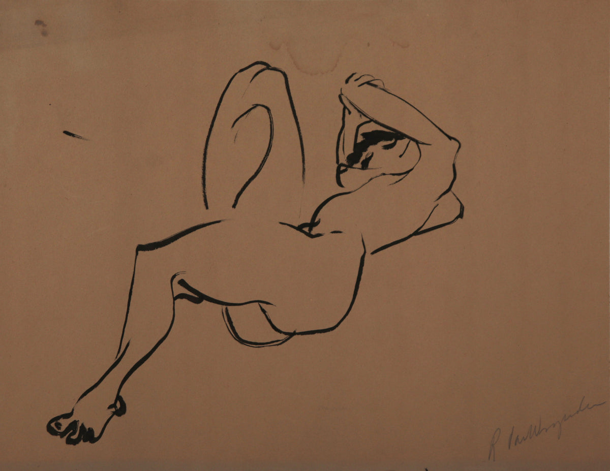 Reclining Female Nude <br>1940-60s Ink <br><br>C9407