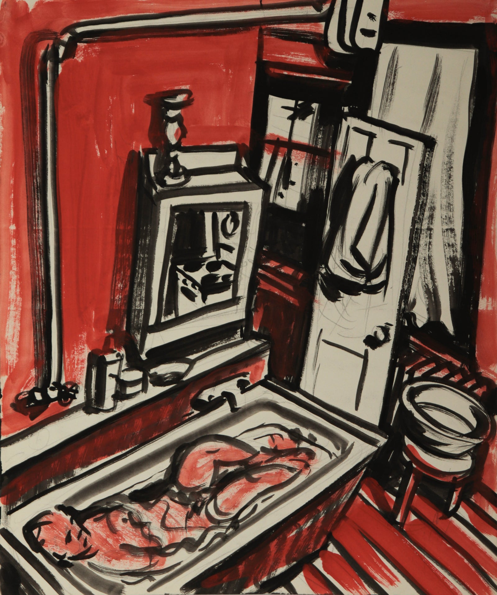 <I>Man Taking a Bath</I> <br>20th Century Gouache on Paper <br><br>C9416