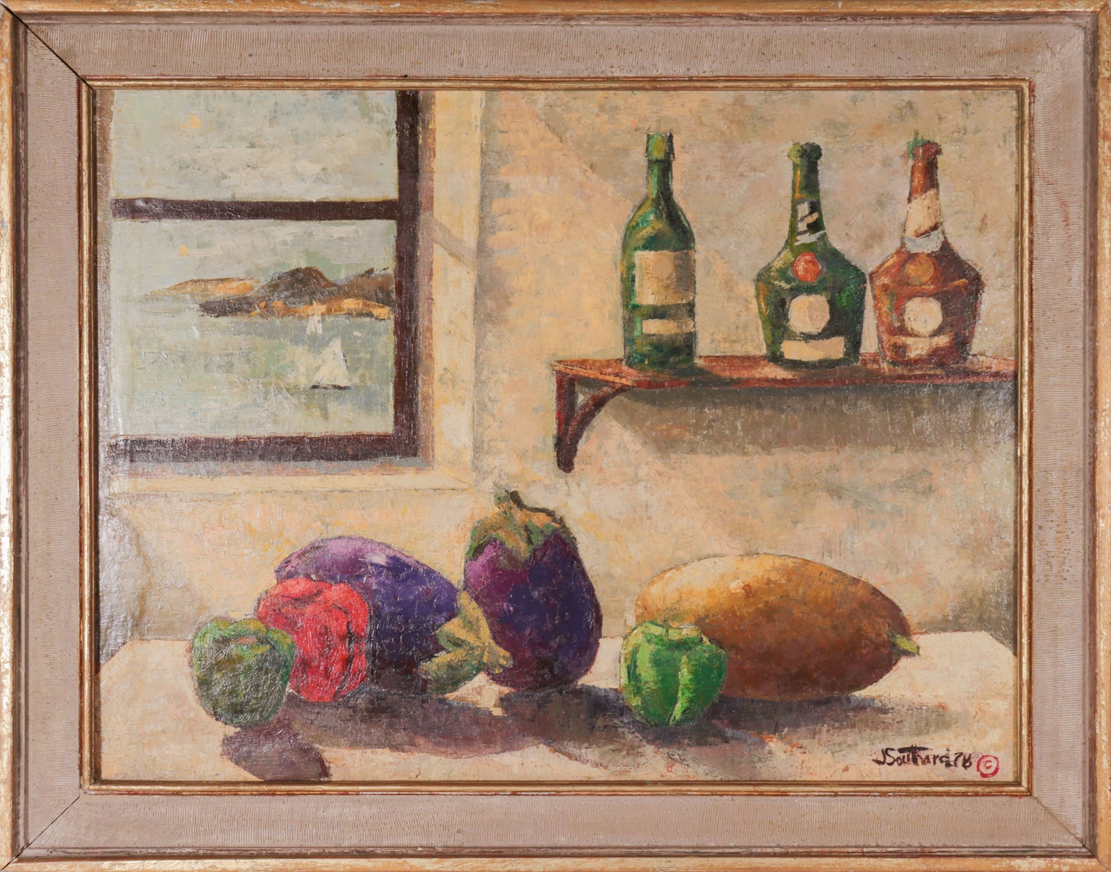 <i>Still Life Window into SF Bay</i> <br>1978 Oil <br><br>#C9594