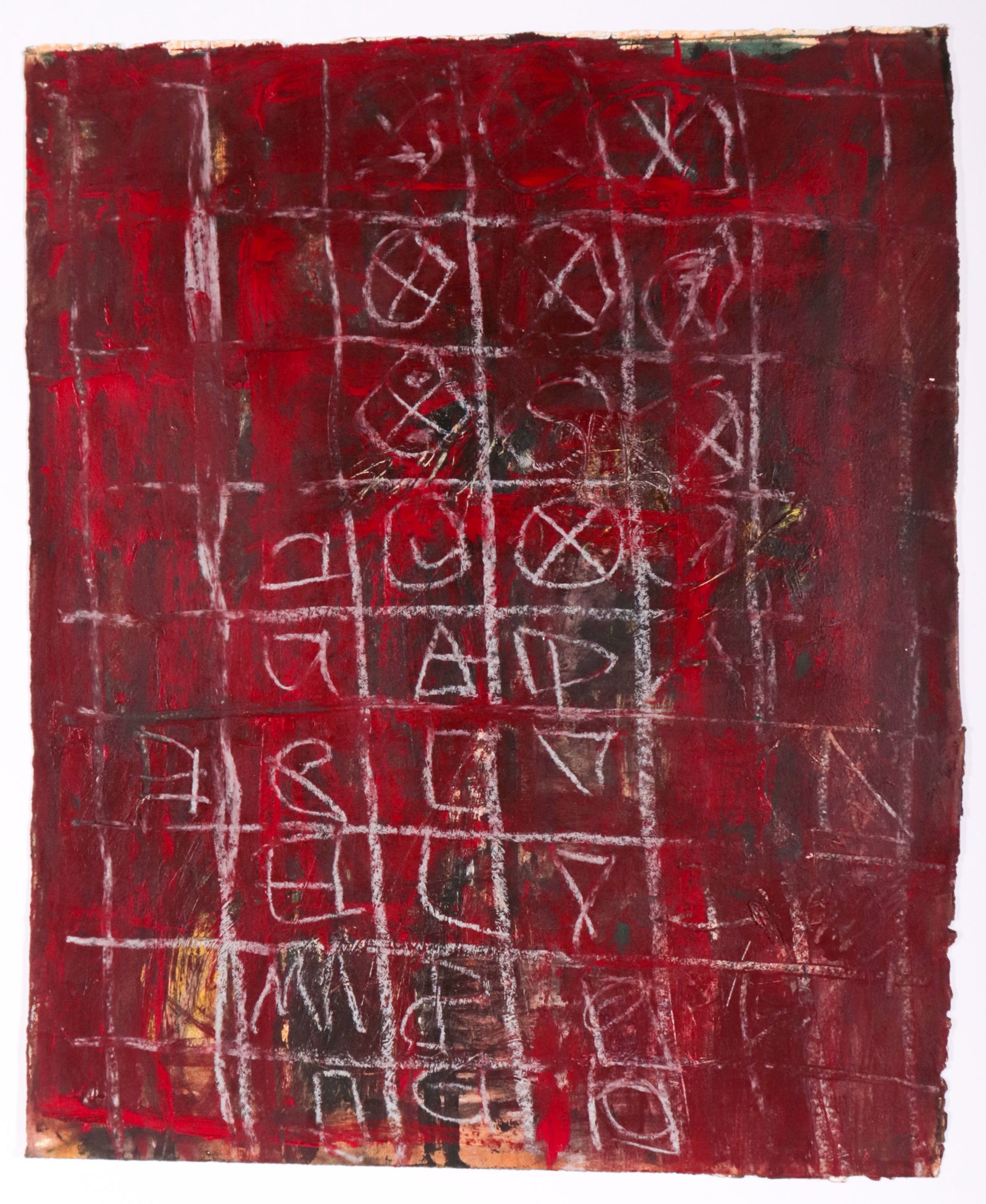 Red Abstract with White Symbols in Grid <br>Mid Century Mixed Media <br><br>#C9725