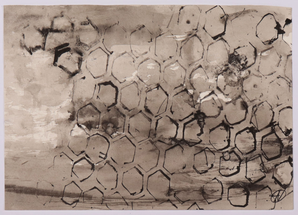 Monochrome Honeycomb Abstract <br>20th Century Watercolor <br><br>#C9768