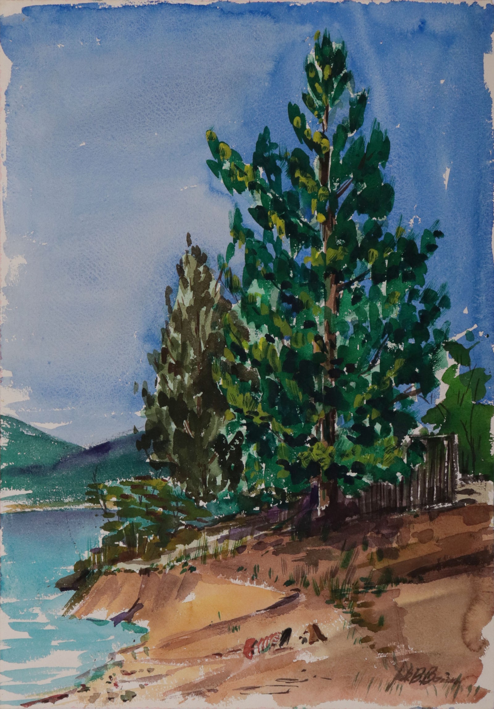 Trees by the Water <br>Mid Century Watercolor <br><br>#C9780