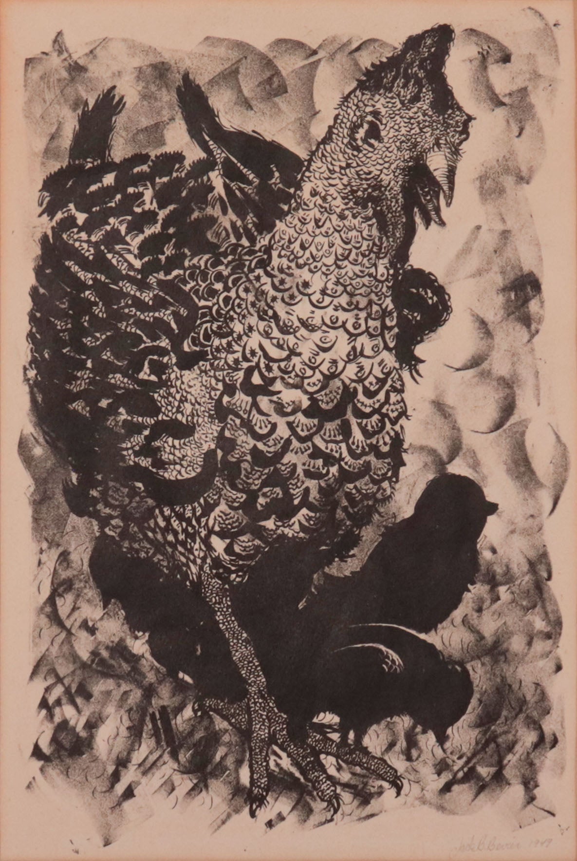 Hen & Chicks <br>1949 Stone Lithograph <br><br>#C9788