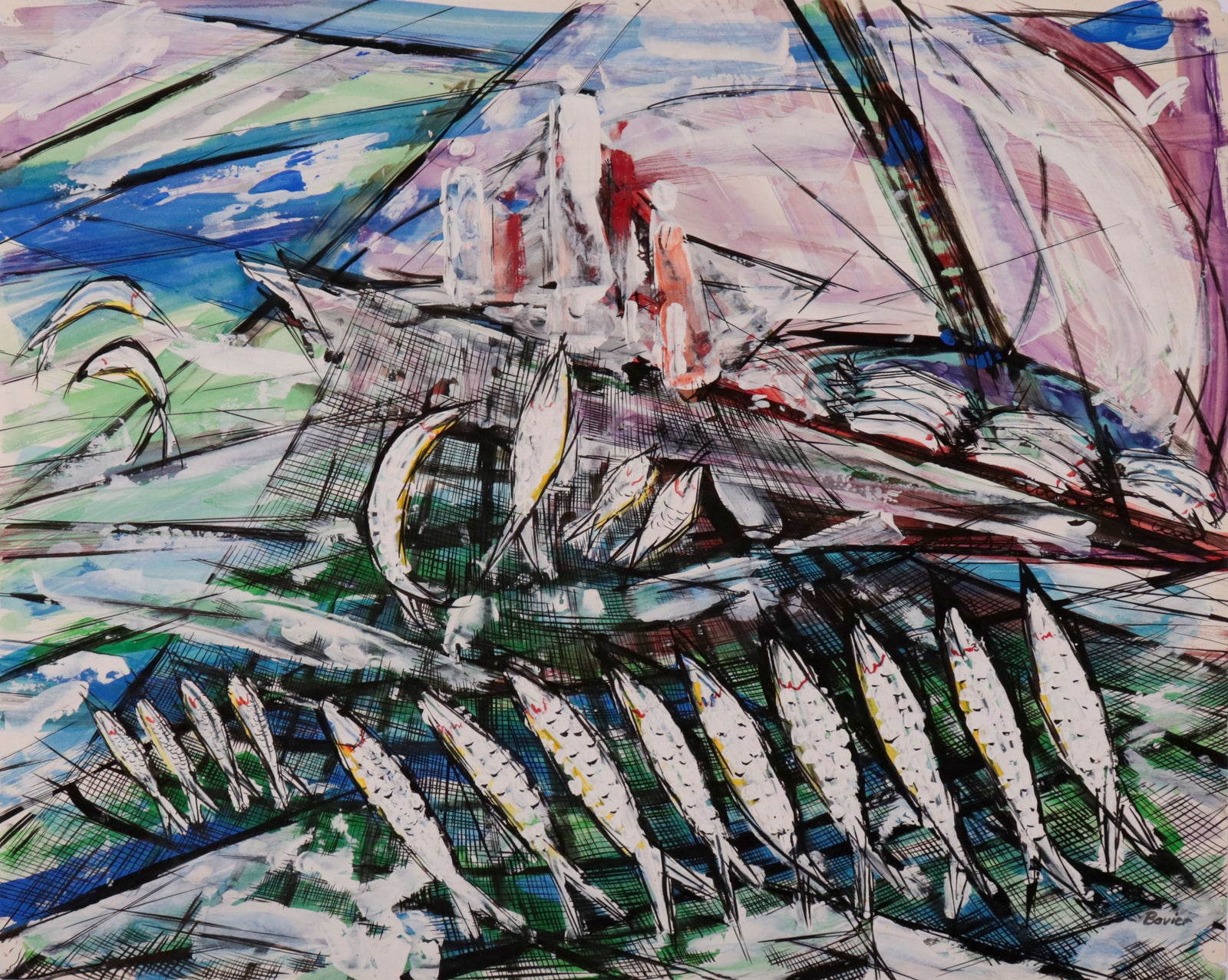 Seascape Abstract with Sailboat & Fish <br>Mid Century Gouache <br><br>#C9790