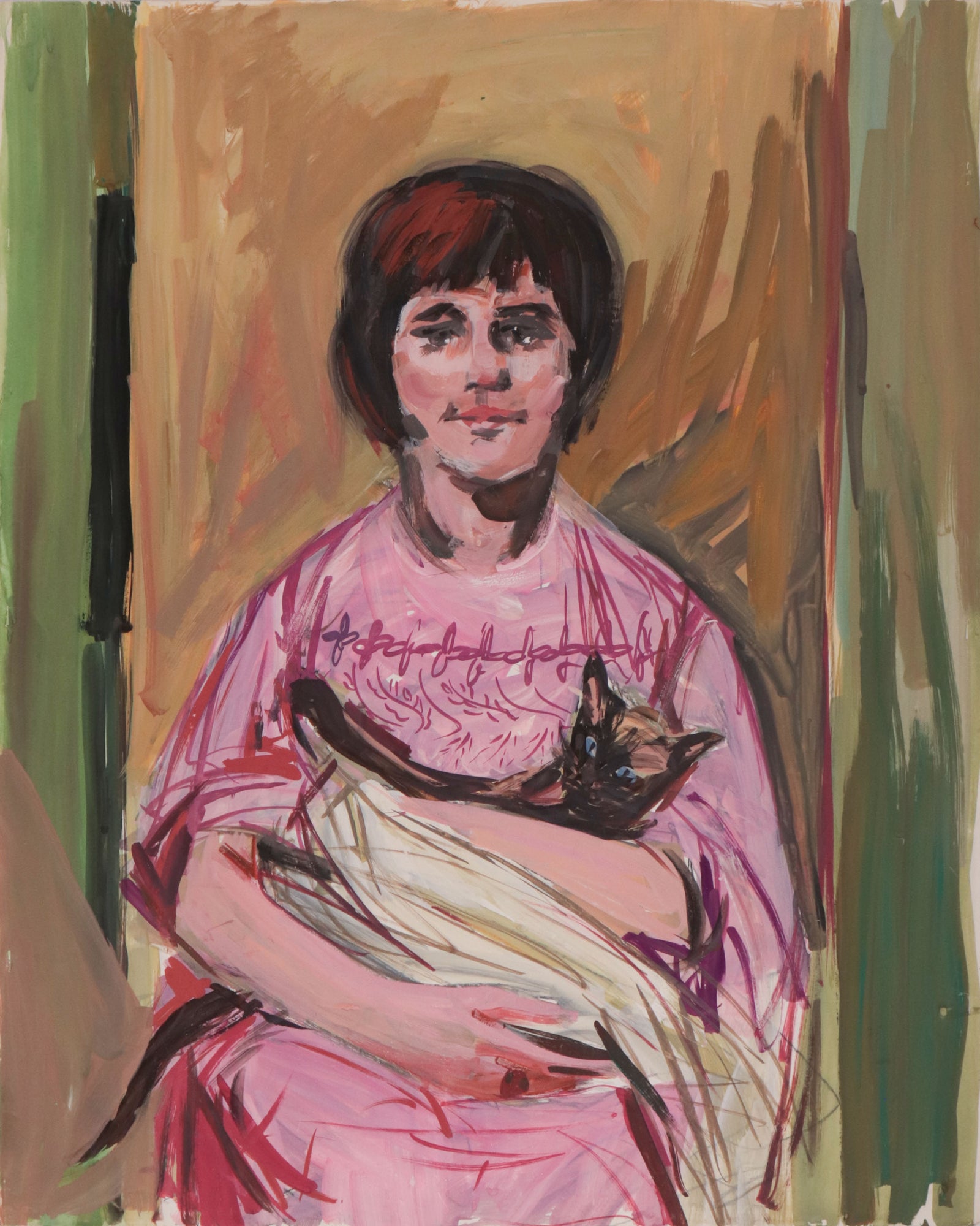 Woman & Cat <br>Mid Century Gouache <br><br>#C9792