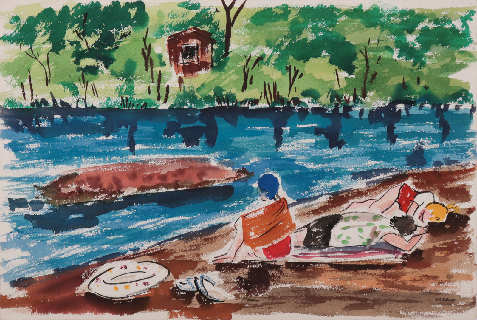 Picnic by The Water <br>Mid Century Gouache <br><br>#C9794