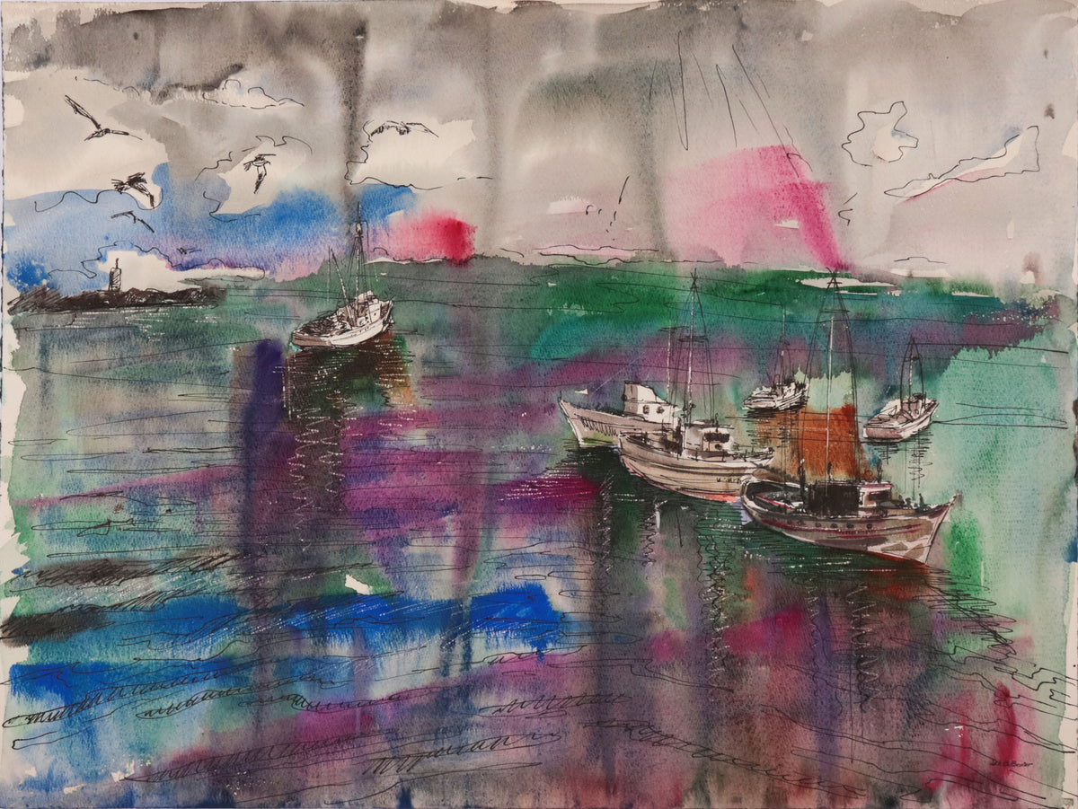 Abstracted Seascape with Boats <br>Mid Century Gouache <br><br>#C9796