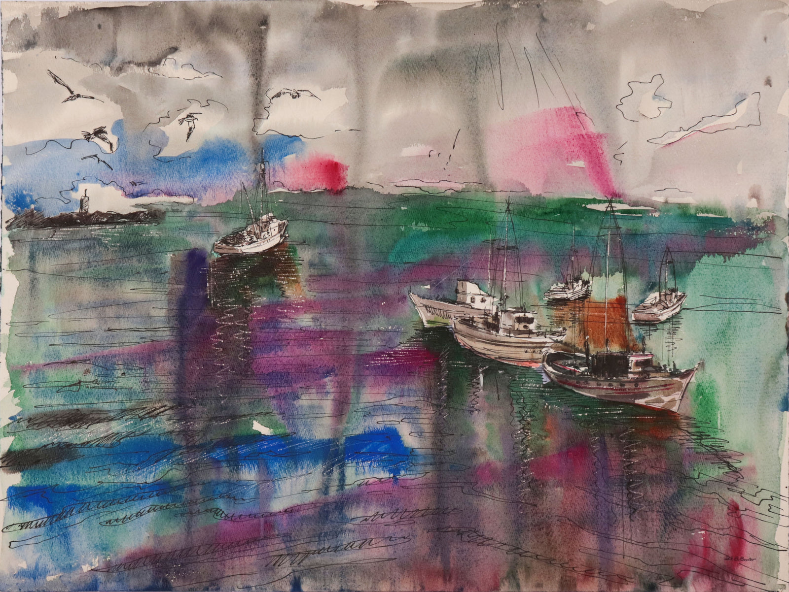 Abstracted Seascape with Boats <br>Mid Century Gouache <br><br>#C9796