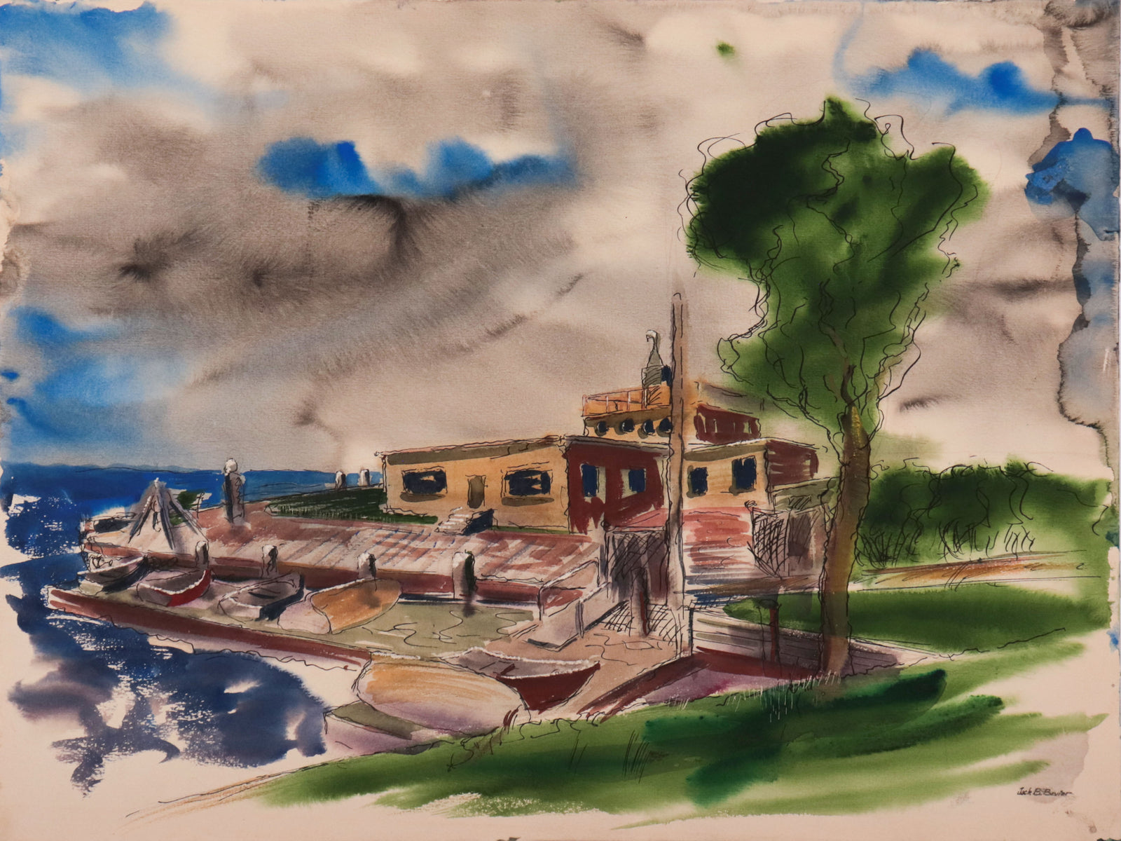 Scene by the Docks <br>Mid Century Gouache <br><br>#C9798