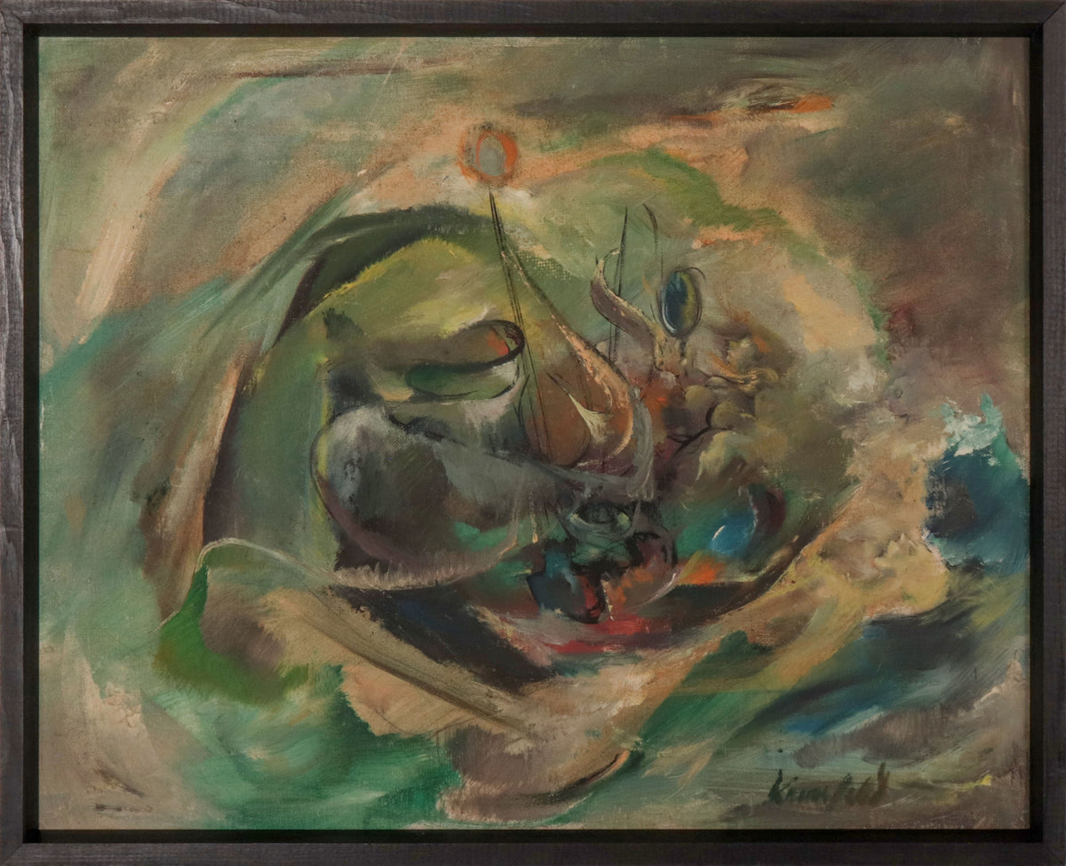 Green Abstracted Seascape <br>Mid 20th Century Oil <br><br>C9803