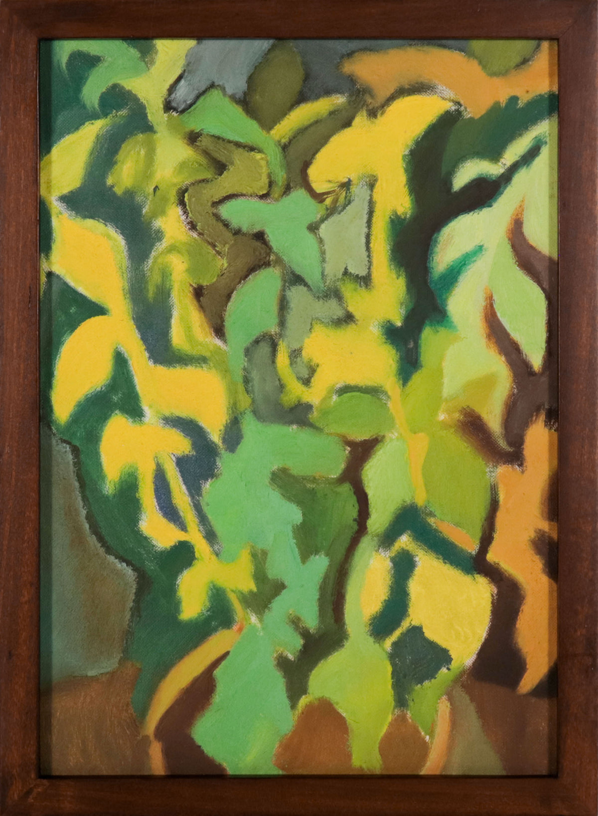 Botanical Green &amp; Yellow Abstract <br>Mid 20th Century Oil <br><br>C9821