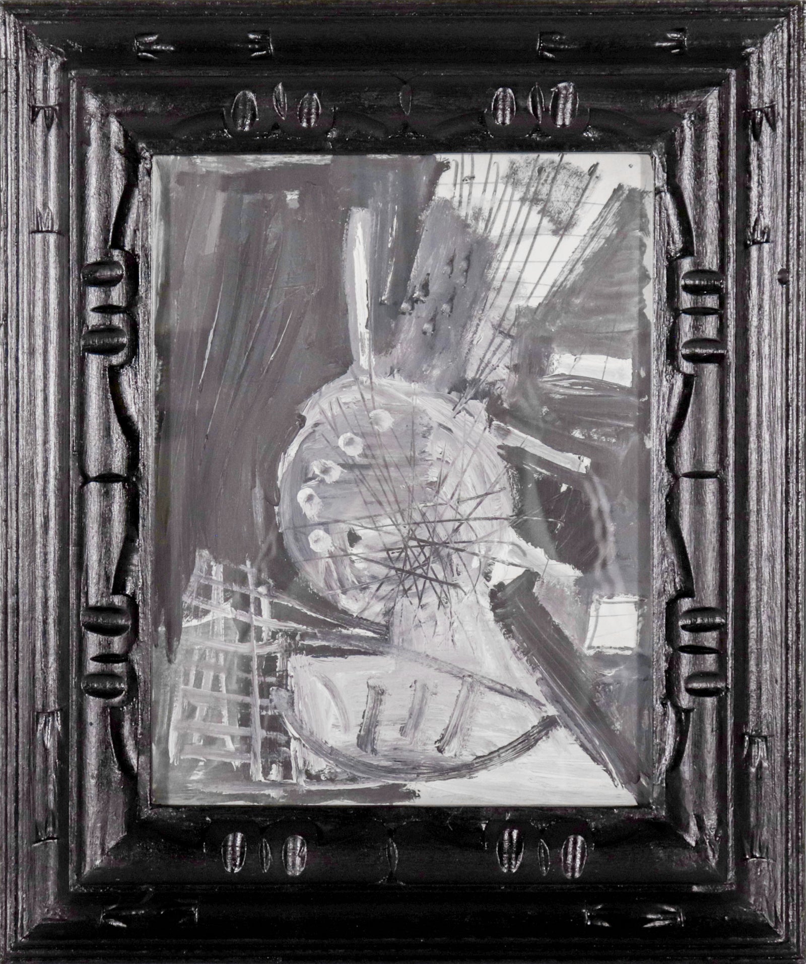 Frenetic Monochromatic Abstract <br>1950s Oil on Paper <br><br>C9823