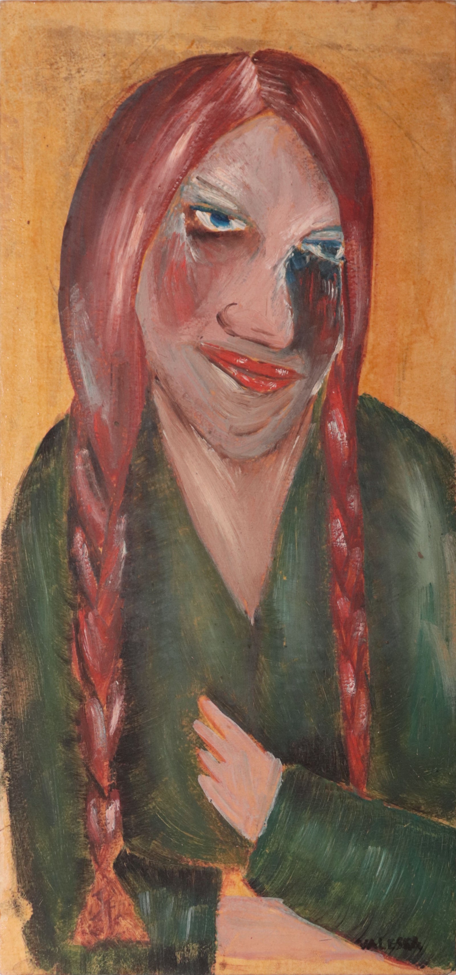 Redhead with Pigtails <br>1940s Oil on Paper Board <br><Br>#C9945