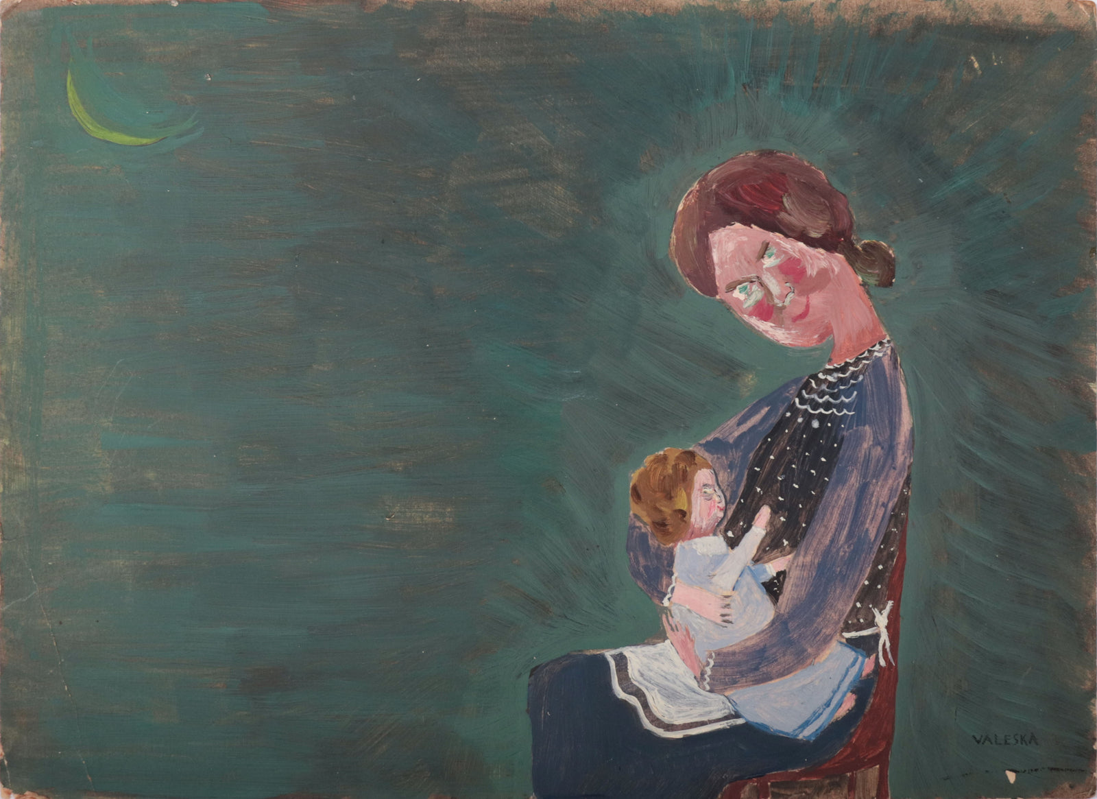 Mother, Child & Moon <br>1940s Oil on Paper Board <br><br>#C9946
