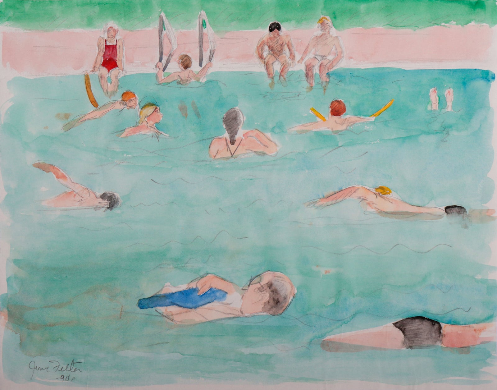Vibrant Pool Scene <br>1990s Watercolor #D0007
