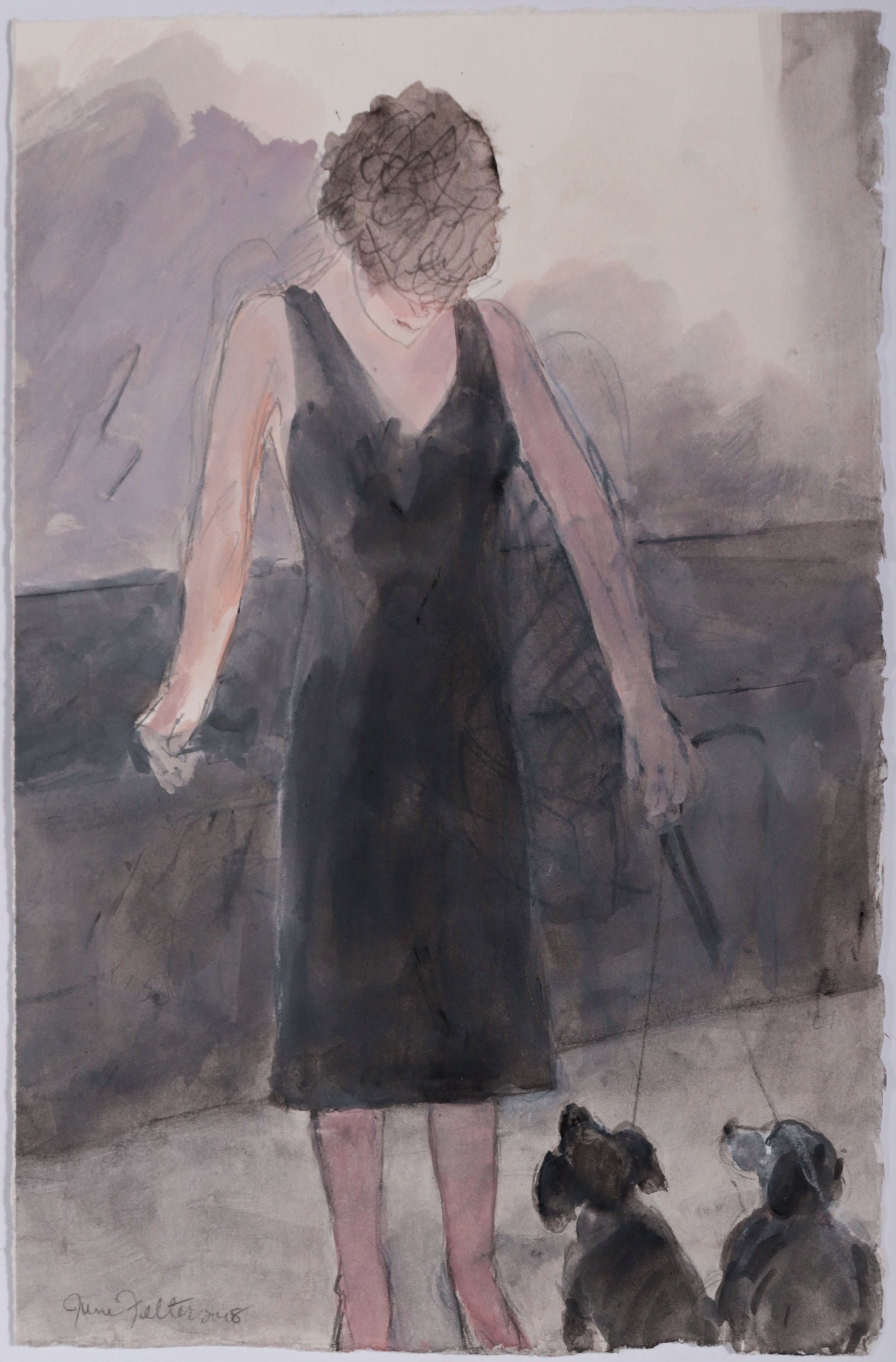 Elegant Woman with Dogs <br>2018 Watercolor & Charcoal <br><br>#D0009