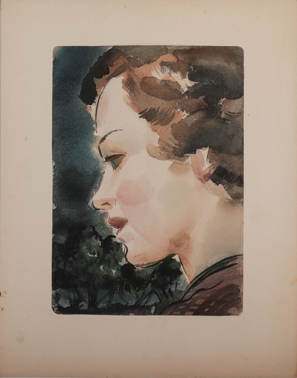 Dreamy Female Portrait <br>1940s Watercolor <br><br>#D0022