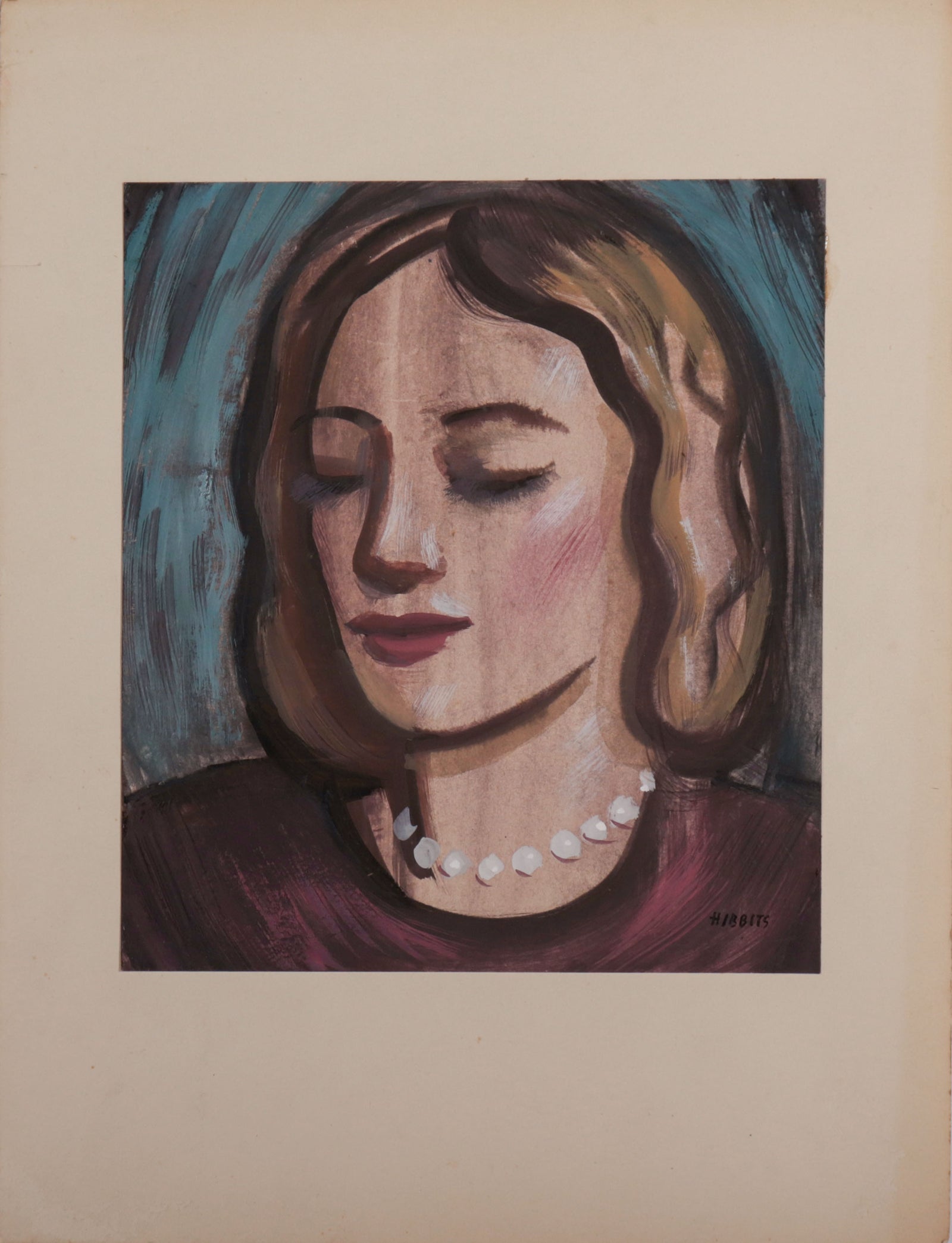 Serene Female Portrait <br>1940s Tempera Paint <br><br>#D0024