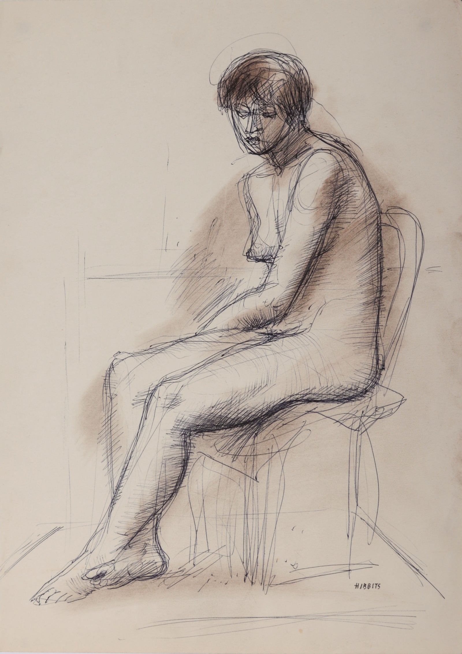 Seated Female Nude <br>1970s Pen & Charcoal <br><br>#D0026