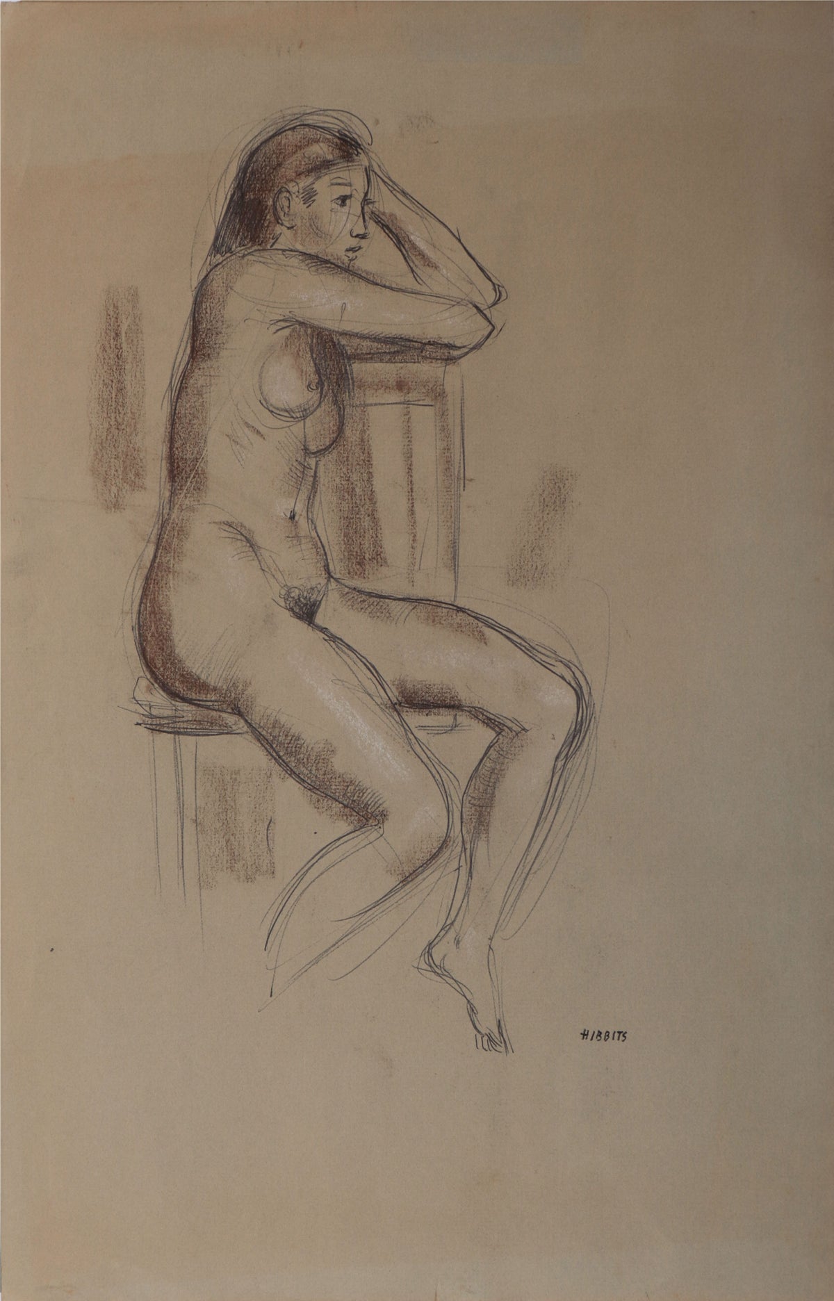 Seated Female Nude <br>1940s Pen &amp; Charcoal <br><br>#D0035
